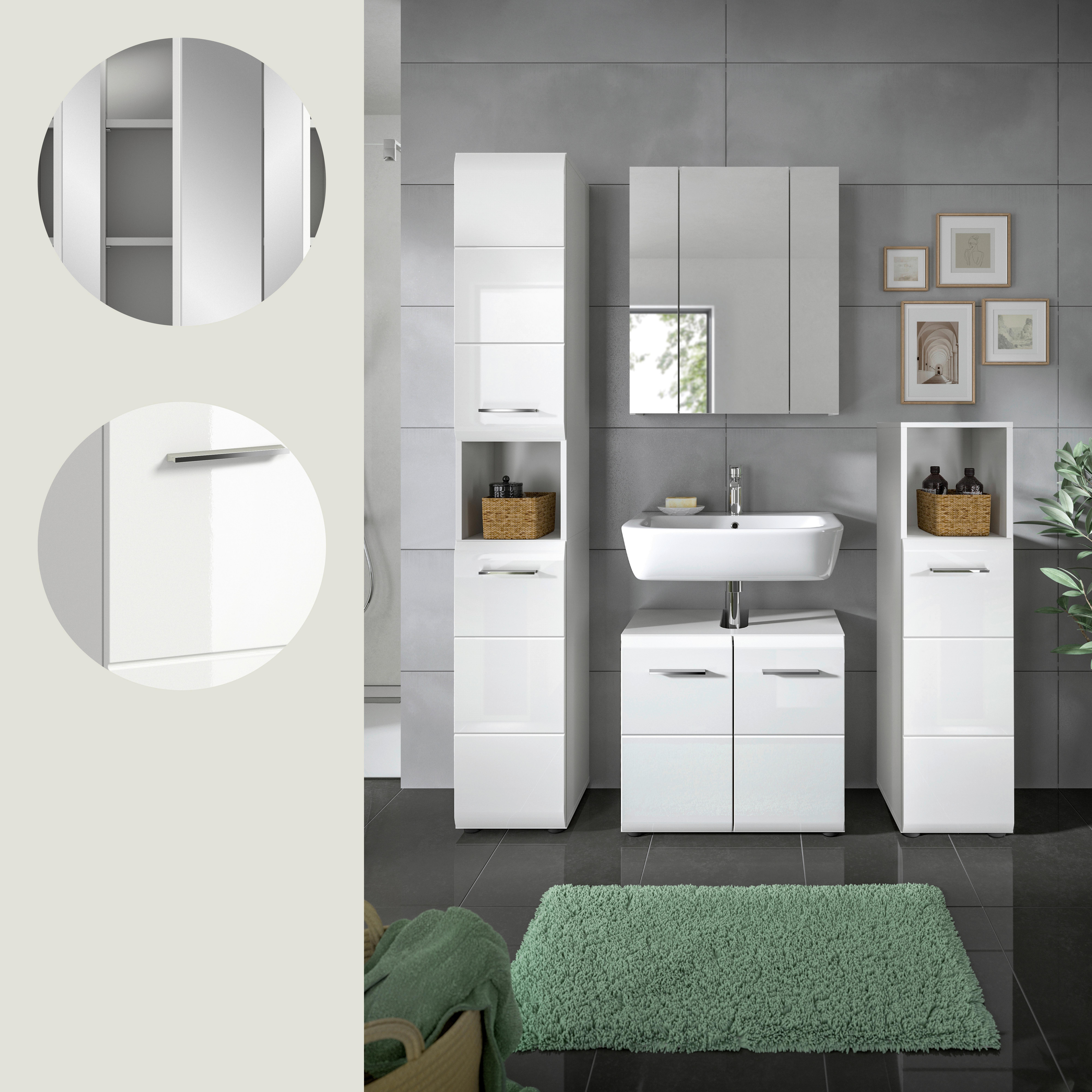 Badezimmer Ice 4-tlg. ca. 120 cm Weiß - Weiß Hochglanz/Silberfarben, MODERN, Holzwerkstoff/Kunststoff (120cm) - MID.YOU