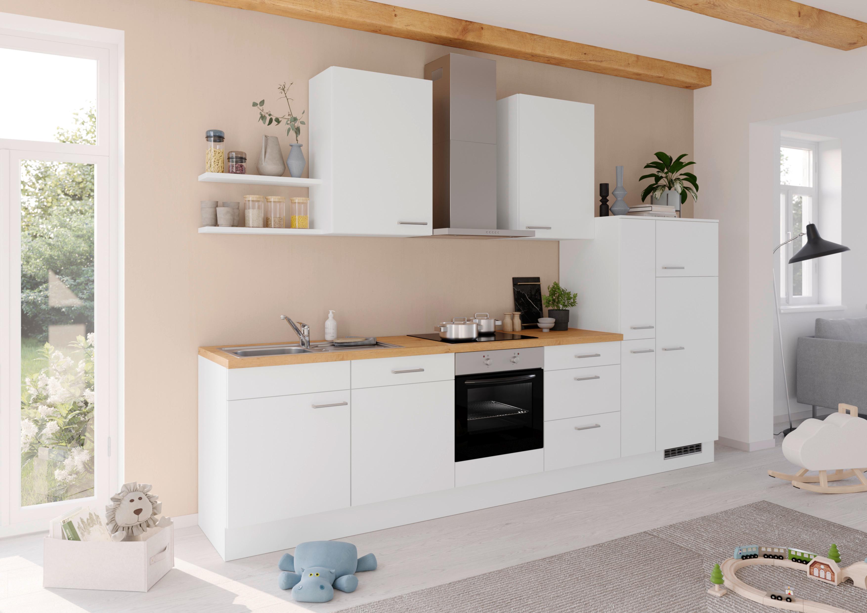 Küchenblock IBZ ohne Geräte ca. 330 cm Weiß - Edelstahlfarben/Eichefarben, Design, Holzwerkstoff/Metall (330cm) - Impuls