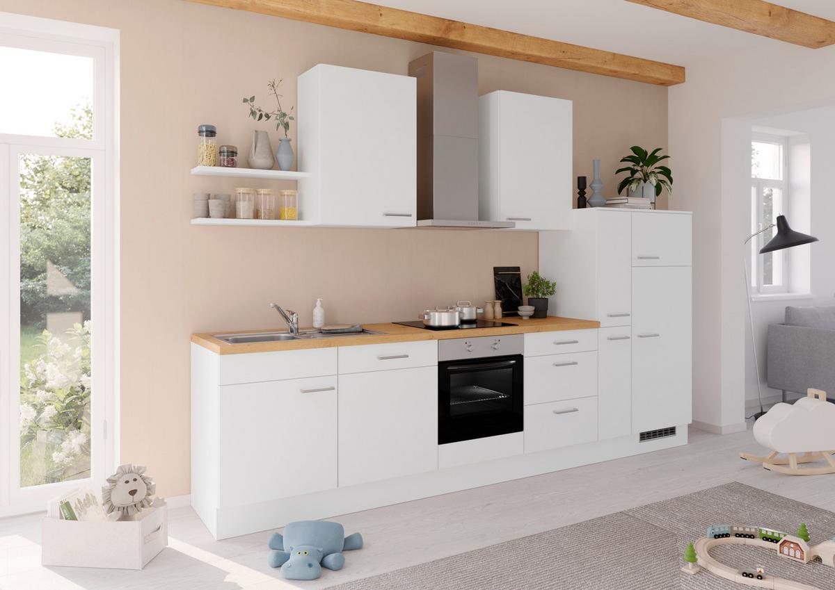 Küchenblock IBZ ohne Geräte ca. 330 cm Weiß - Edelstahlfarben/Eichefarben, Design, Holzwerkstoff/Metall (330cm) - Impuls