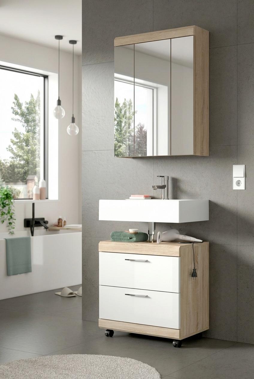 Badezimmer Lambada Sonoma Eiche/Weiß HG 2-teilig - Weiß Hochglanz/Silberfarben, Trend, Glas/Holzwerkstoff (60cm) - MID.YOU