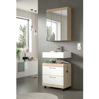 Badezimmer Lambada Sonoma Eiche/Weiß HG 2-teilig - Weiß Hochglanz/Silberfarben, Trend, Glas/Holzwerkstoff (60cm) - MID.YOU