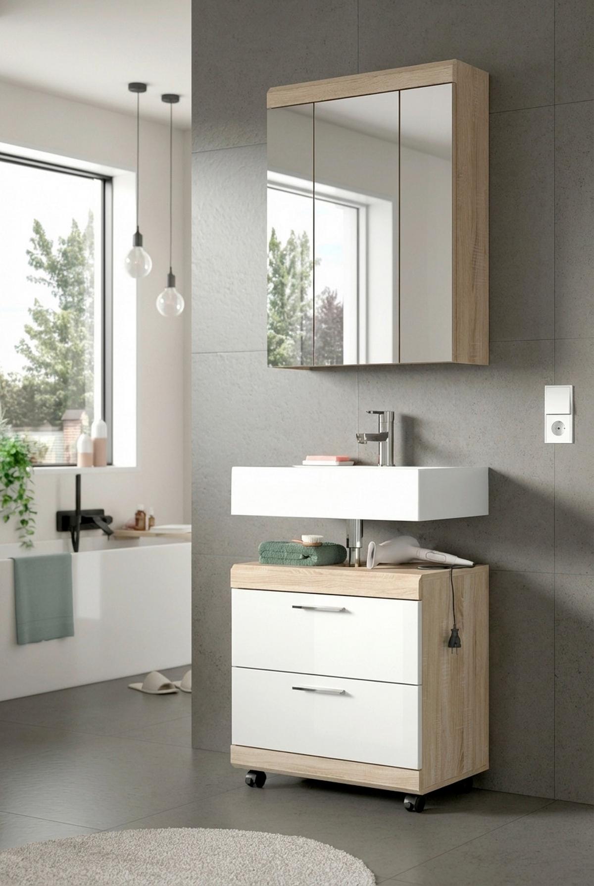 Waschbeckenunterschrank Lambada Weiß HB/Sonoma Eiche - Weiß Hochglanz/Silberfarben, Trend, Holzwerkstoff/Kunststoff (60/60/34cm) - MID.YOU