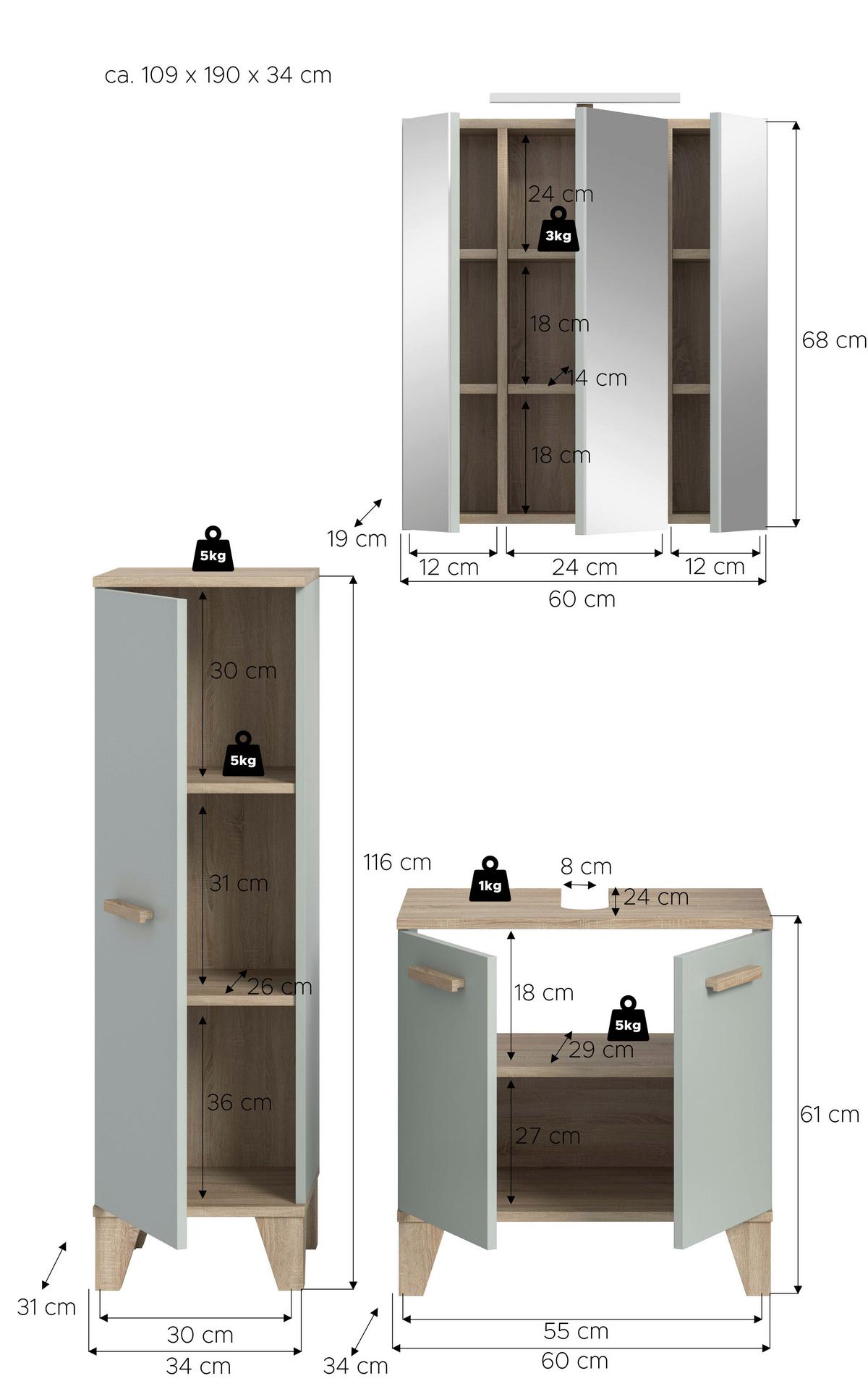 Badezimmer Star 4-tlg. ca. 94 cm Eiche/Graugrün - Graugrün/Eiche San Remo, MODERN, Holzwerkstoff/Kunststoff (94cm) - MID.YOU