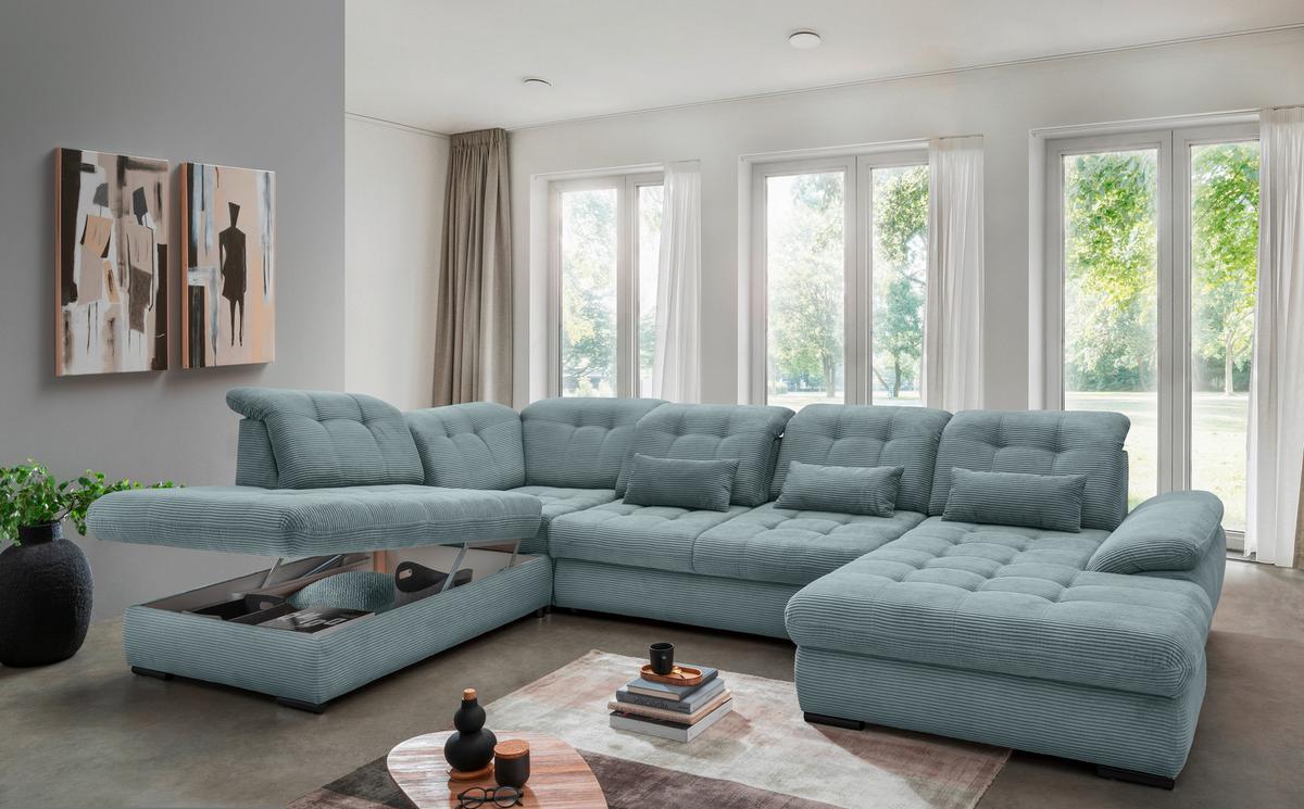 Wohnlandschaft Rigatti Hellblau Cord mit Bettkasten - Schwarz/Hellblau, MODERN, Textil/Metall (252/387/184cm) - Livetastic