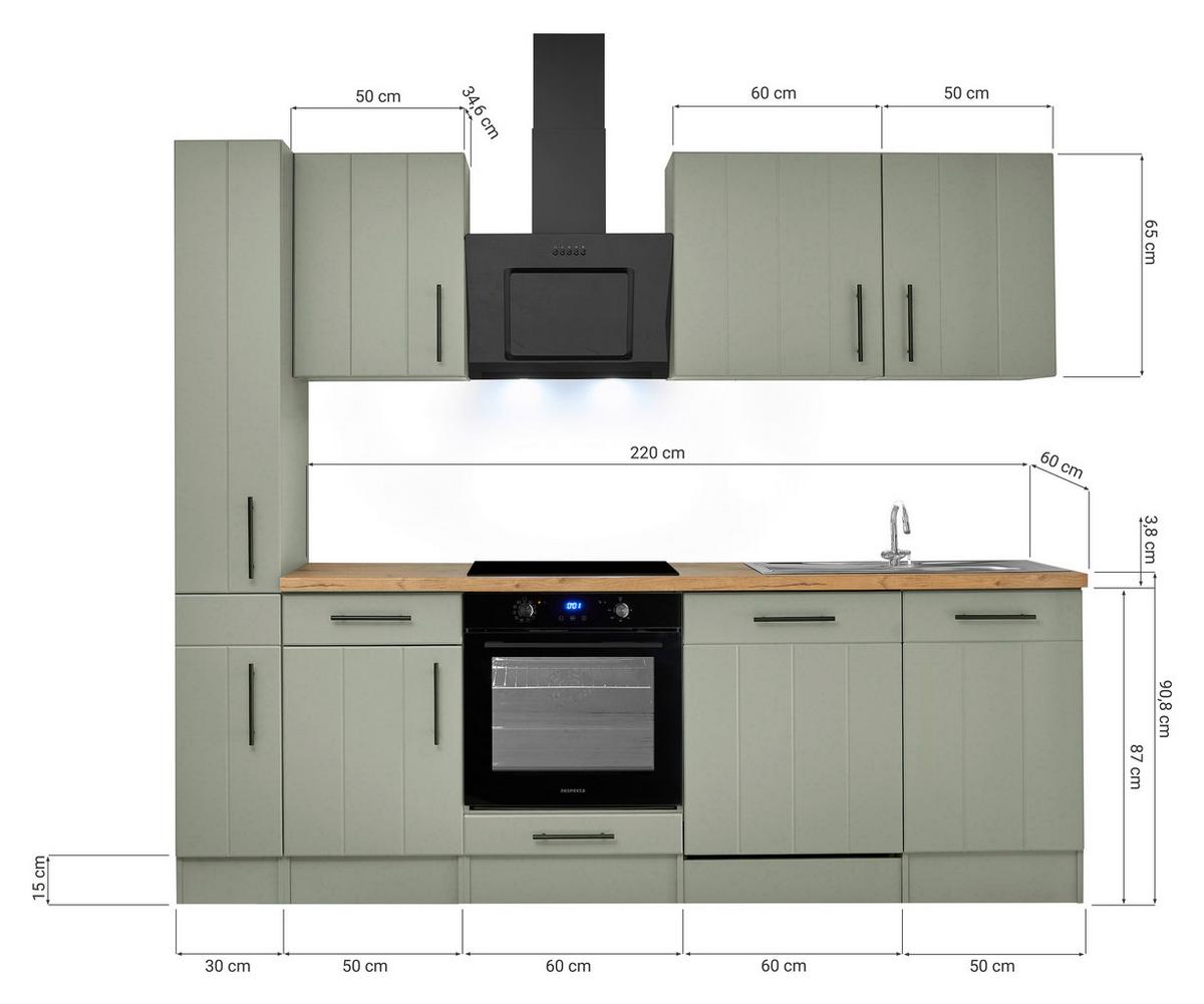 Küchenblock Anton m. Geräte Wildeiche/Schilfgrün - Schilfgrün/Wildeiche, Trend, Holzwerkstoff/Metall (250cm) - Respekta