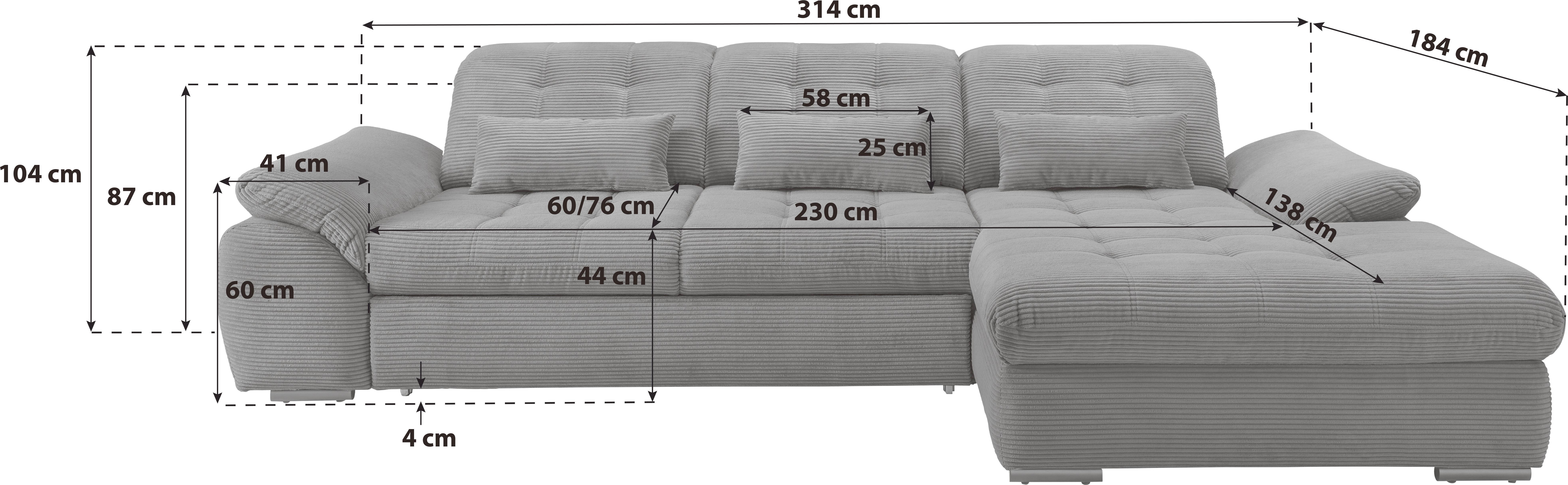Ecksofa mit Bettkasten Rigatti ca. 314x184 cm Grau - Schwarz/Grau, MODERN, Textil/Metall (314/184cm) - Livetastic