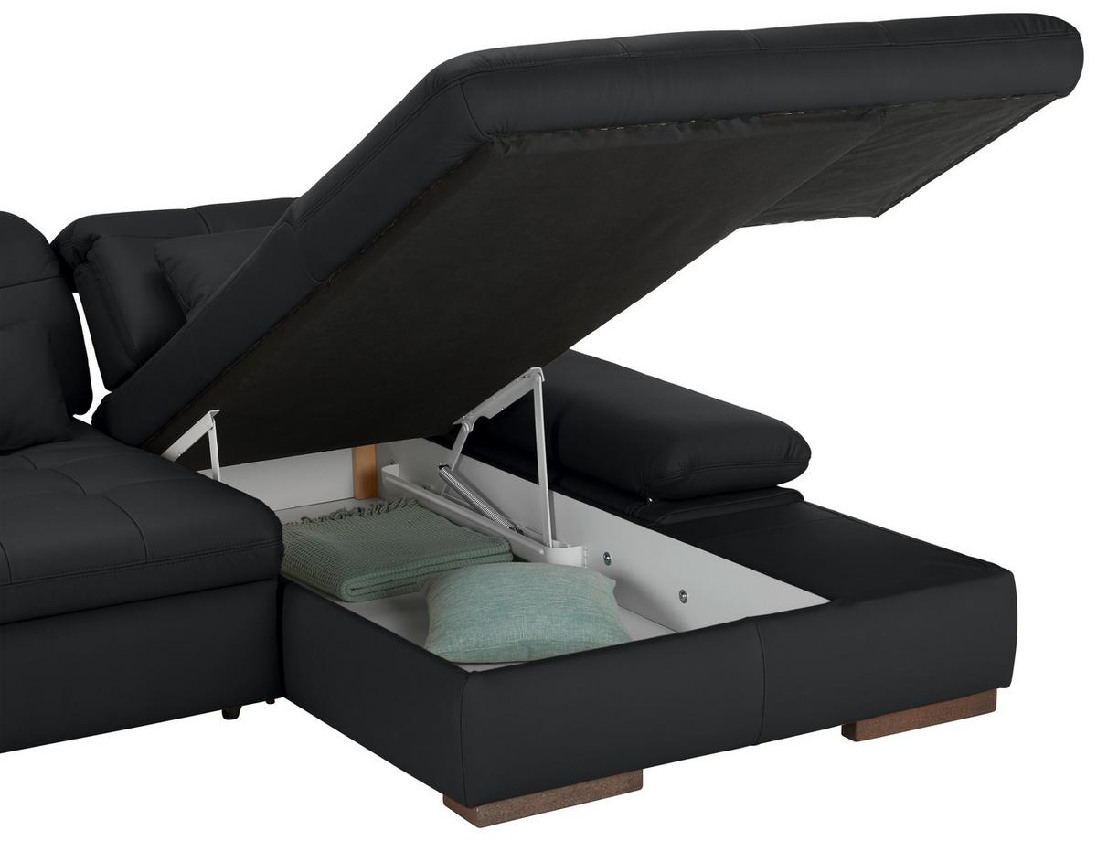Wohnlandschaft Sanfino Leder Schwarz - Chromfarben/Schwarz, KONVENTIONELL, Leder/Metall (305/79-96/199cm) - Premium Living