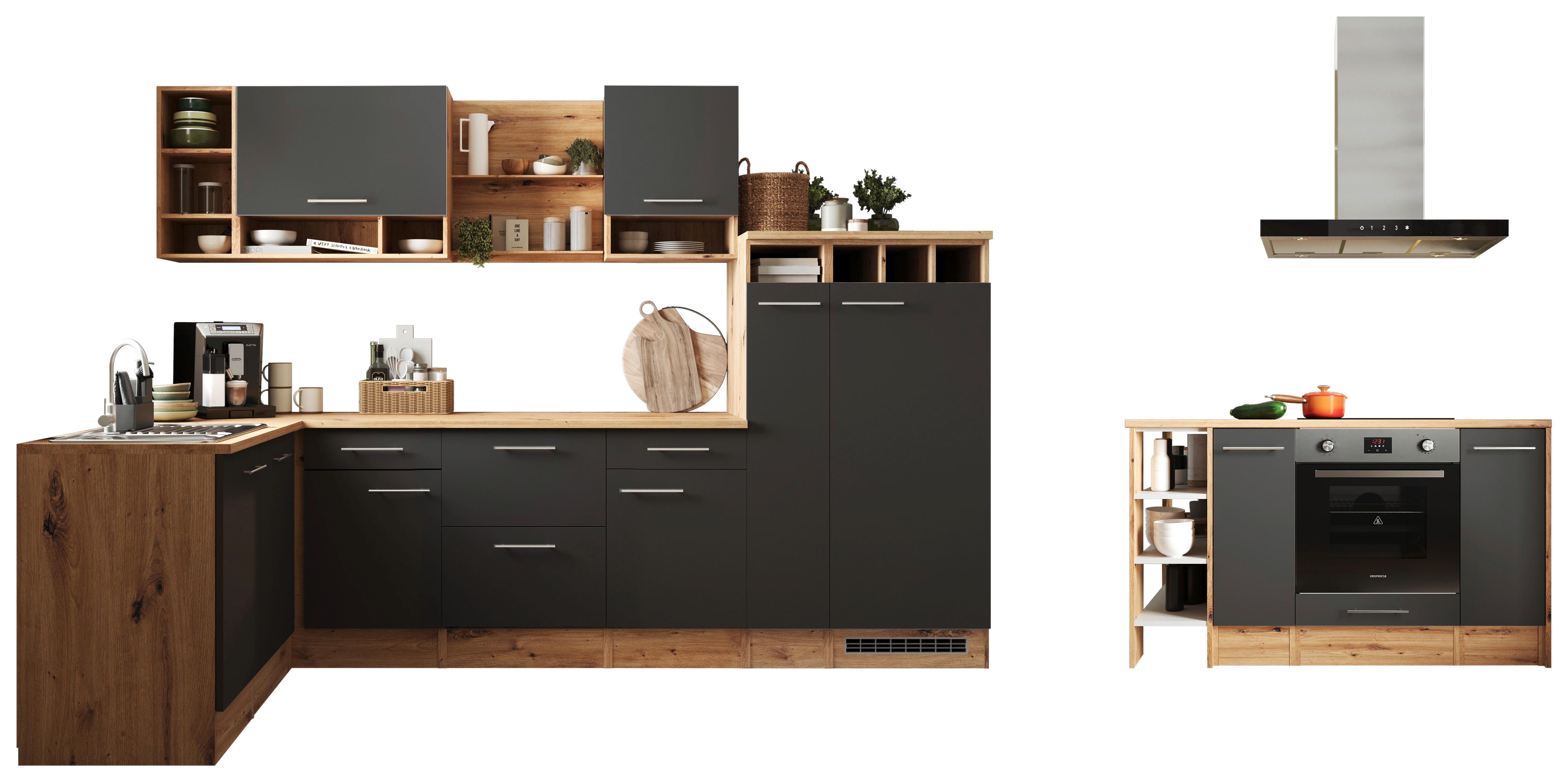 Küchenblock Hilde m. Insel m. Geräten ca.310cm Eiche/Grau - Wildeiche/Grau, Design, Holzwerkstoff/Metall (310-150cm) - Respekta