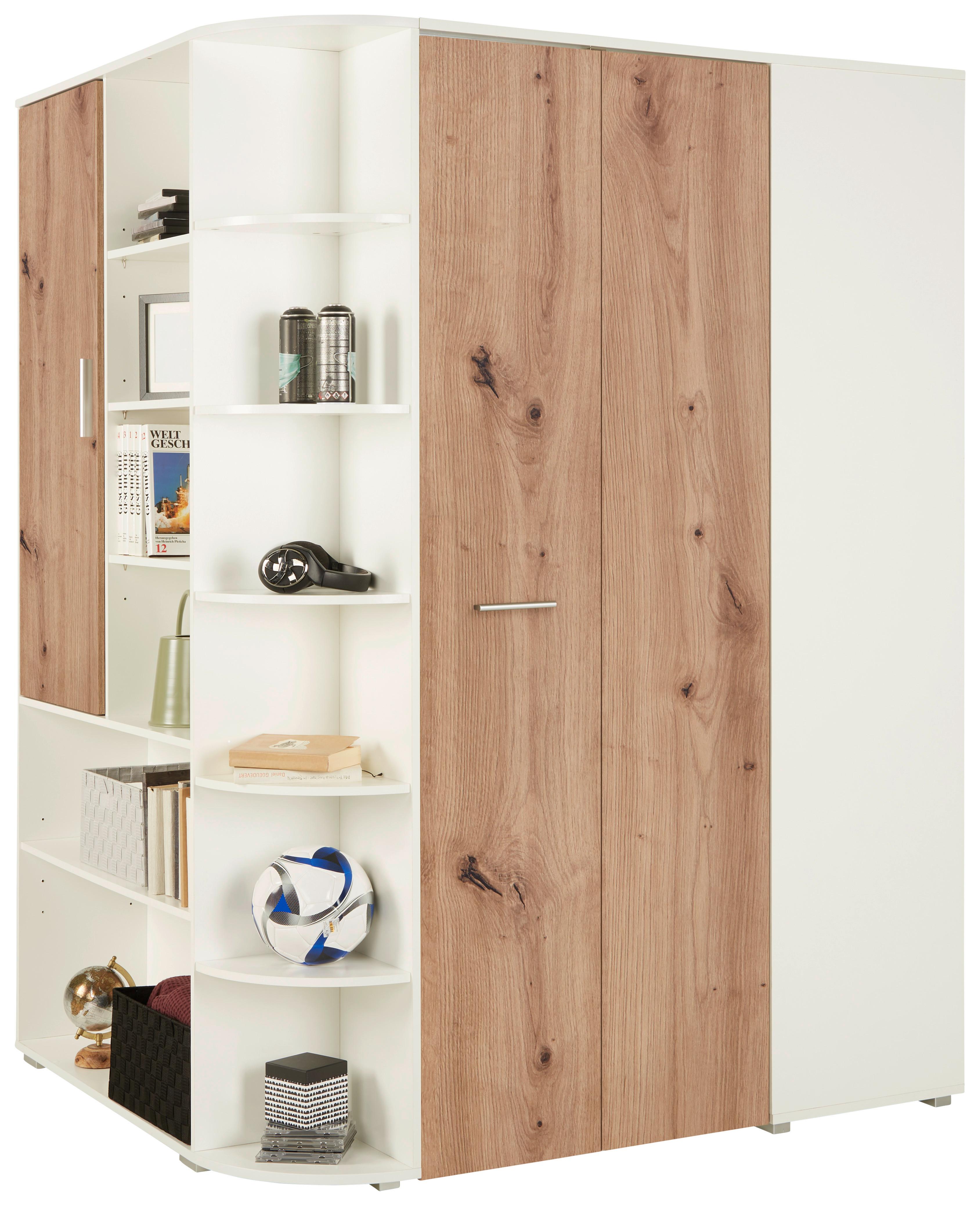 Eckschrank Young Weiß/Eiche Artisan - Alufarben/Eiche Artisan, KONVENTIONELL, Holzwerkstoff/Kunststoff (124/198/148cm) - Mömax