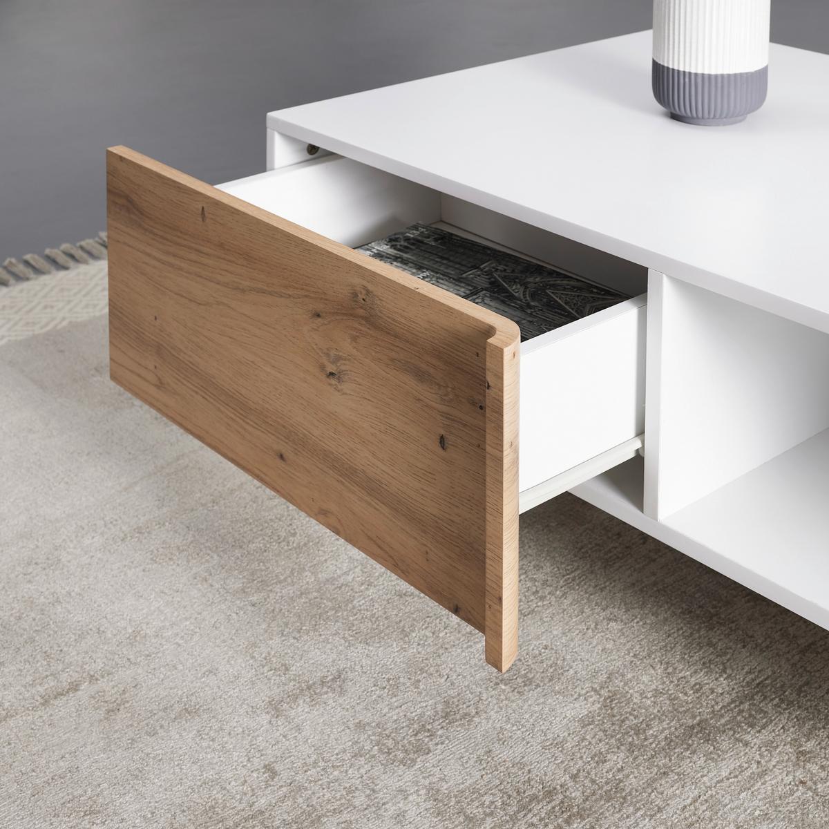Couchtisch Holz, "Vira" Massiv, Kiefer, ca. 110x66 cm - Weiss/Kieferfarben, Modern, Holz (110/38/66cm) - Bessagi Home