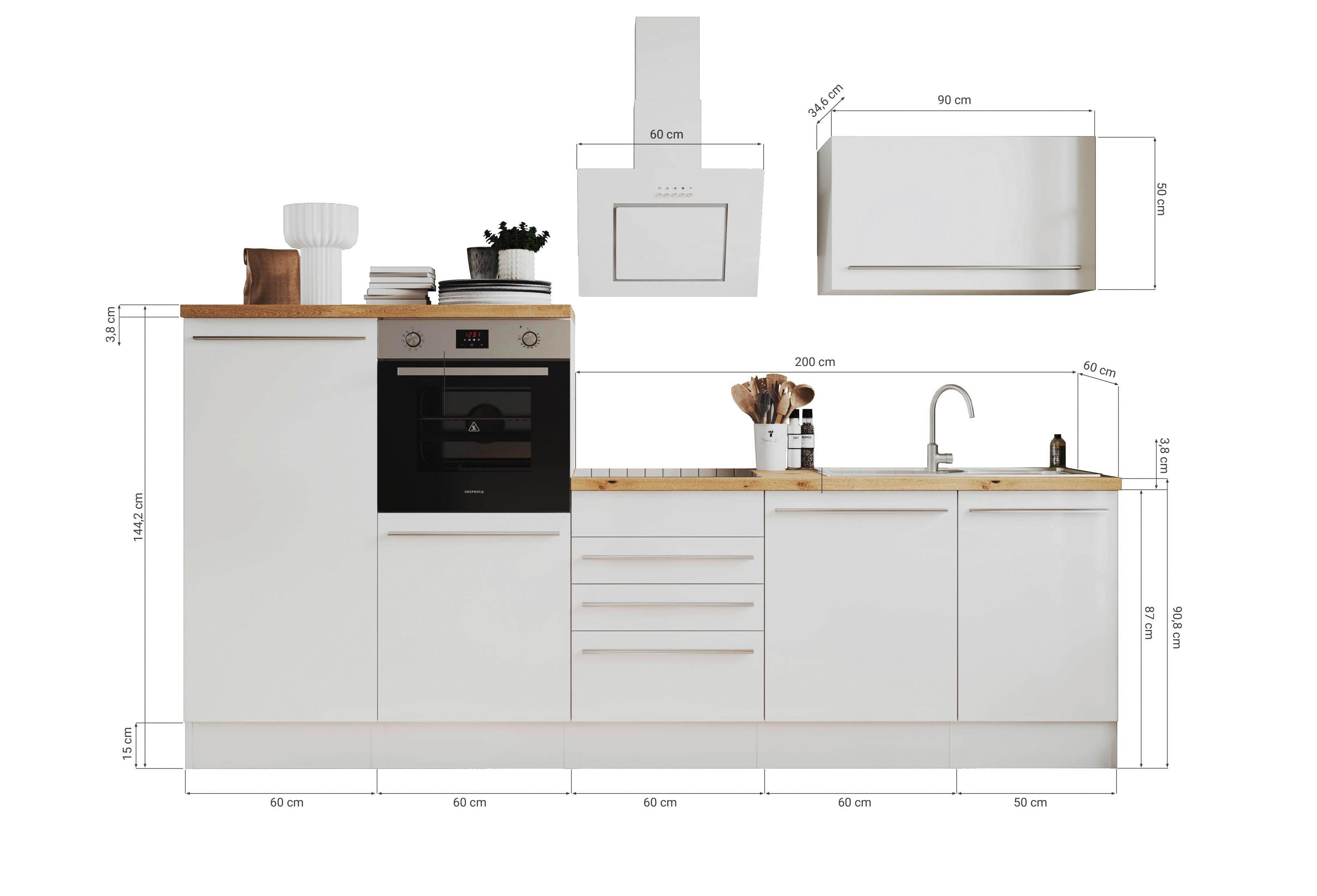 Küchenblock Premium mit Geräte Grau/Weiß/Eiche ca. 290 cm - Wildeiche/Edelstahlfarben, Basics, Holzwerkstoff/Kunststoff (290cm) - Respekta