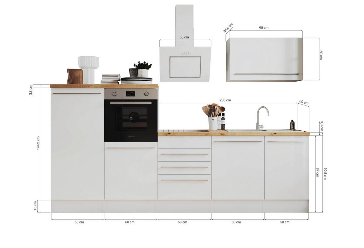 Küchenblock Premium mit Geräte Grau/Weiß/Eiche ca. 290 cm - Wildeiche/Edelstahlfarben, Basics, Holzwerkstoff/Kunststoff (290cm) - Respekta