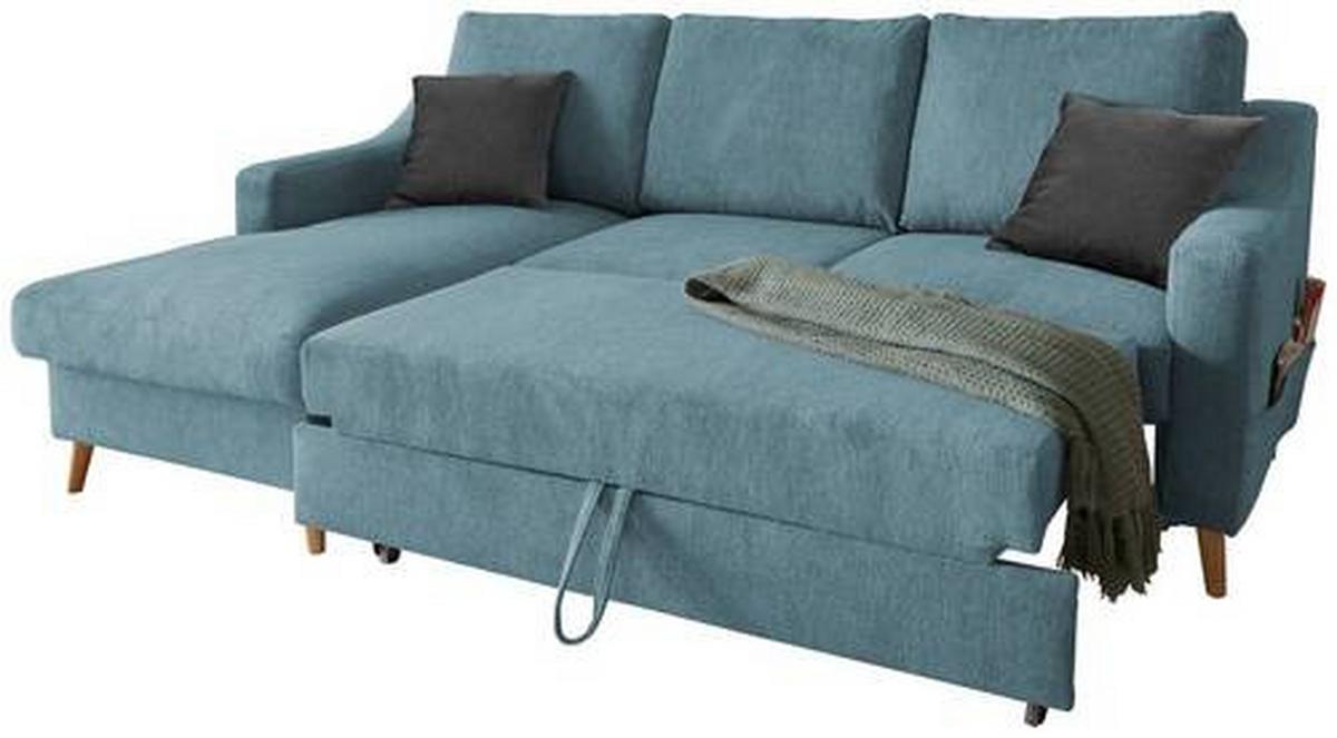 Wohnlandschaft Valentina Blau Mikrofaser - Blau/Schwarz, Design, Holz/Textil (150/228cm) - MID.YOU