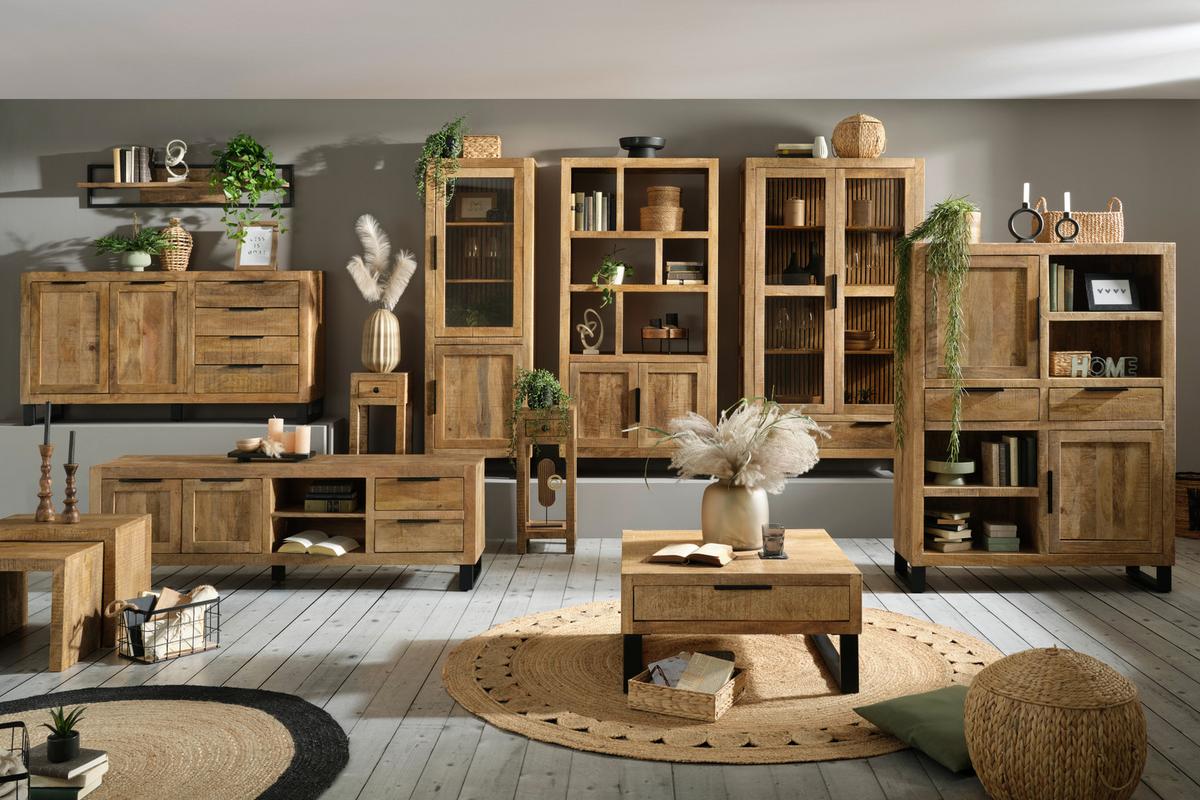 Vitrine Everest in Naturfarben/Schwarz - Schwarz/Naturfarben, Natur, Glas/Holz (60/180/40cm) - Zandiara
