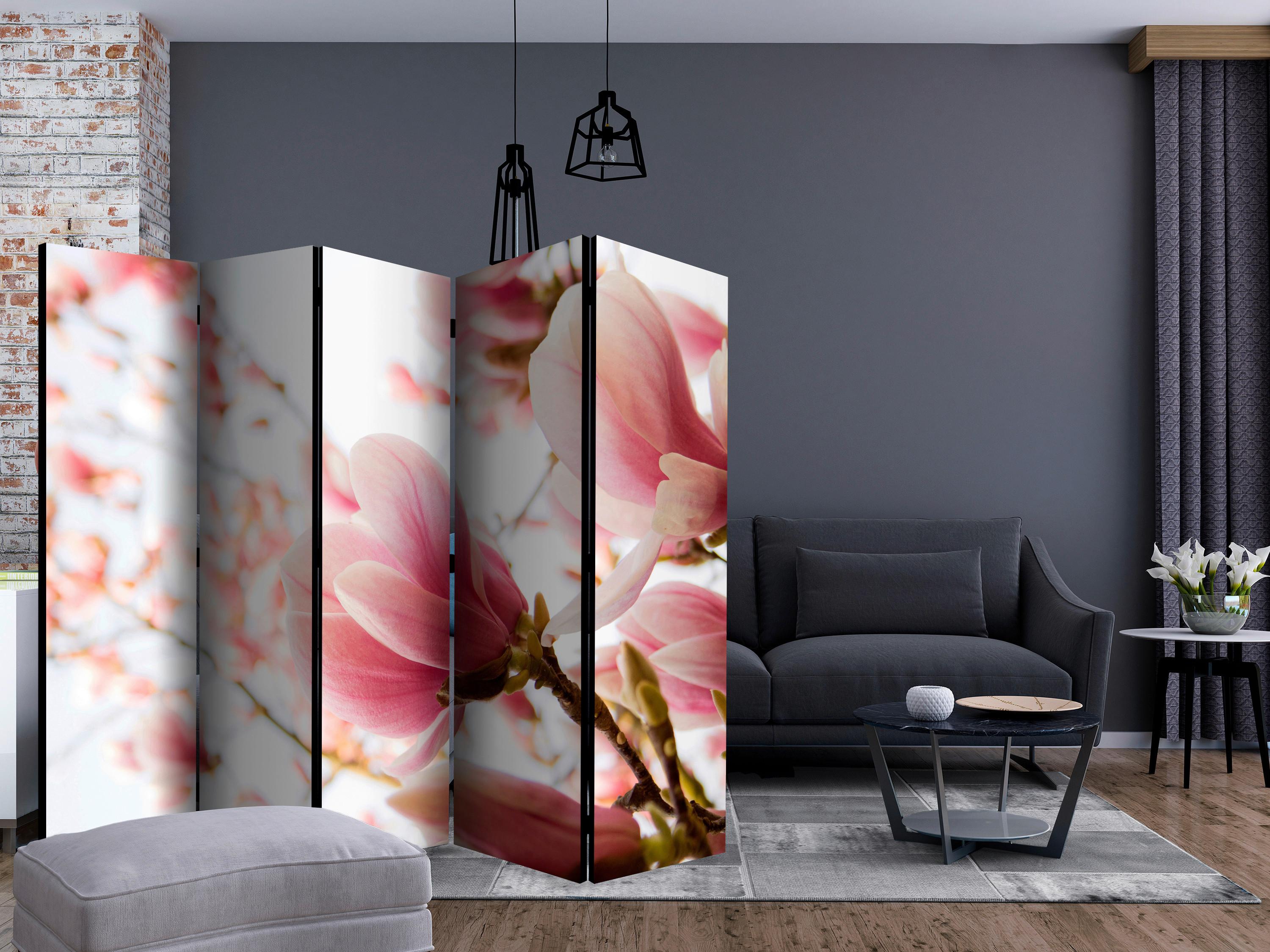 Paravan Pink Magnolia I, 5-Delni, Dvostranski - pink/bela, Basics, tekstil/les (225/172/3cm) - artgeist
