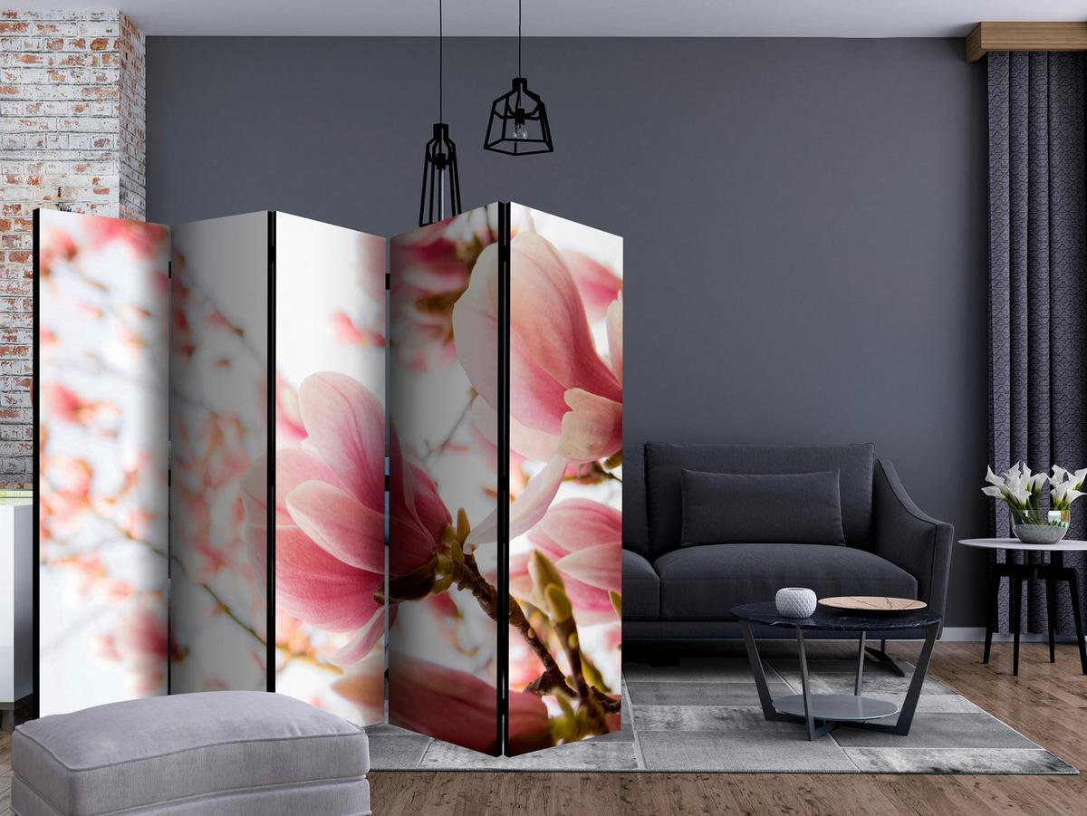 Paravan Pink Magnolia I, 5-Delni, Dvostranski - pink/bela, Basics, tekstil/les (225/172/3cm) - artgeist