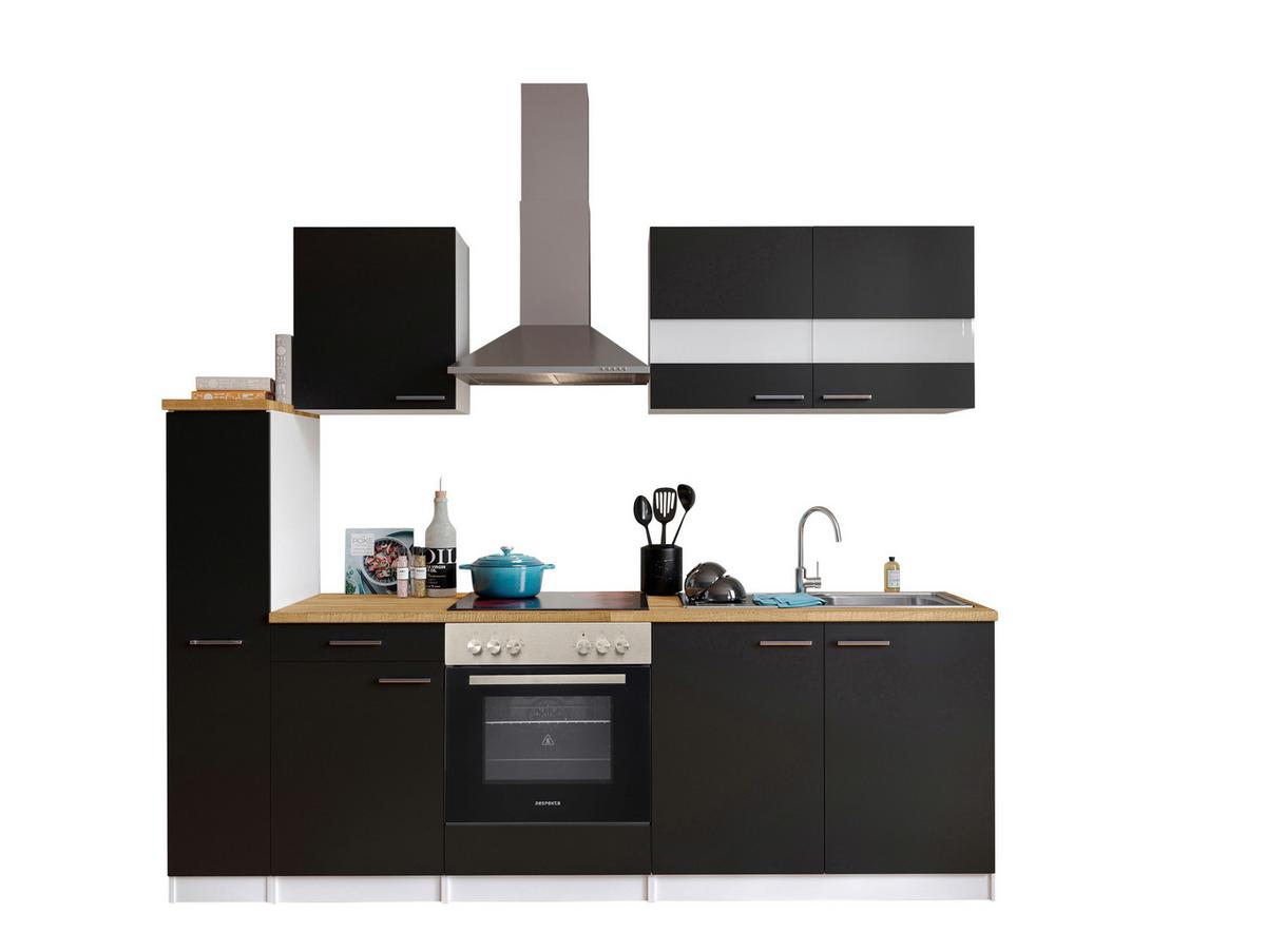 Küchenblock Malia mit Geräten ca. 240 cm Schwarz - Edelstahlfarben/Nussbaumfarben, Basics, Holzwerkstoff/Metall (240cm) - Respekta