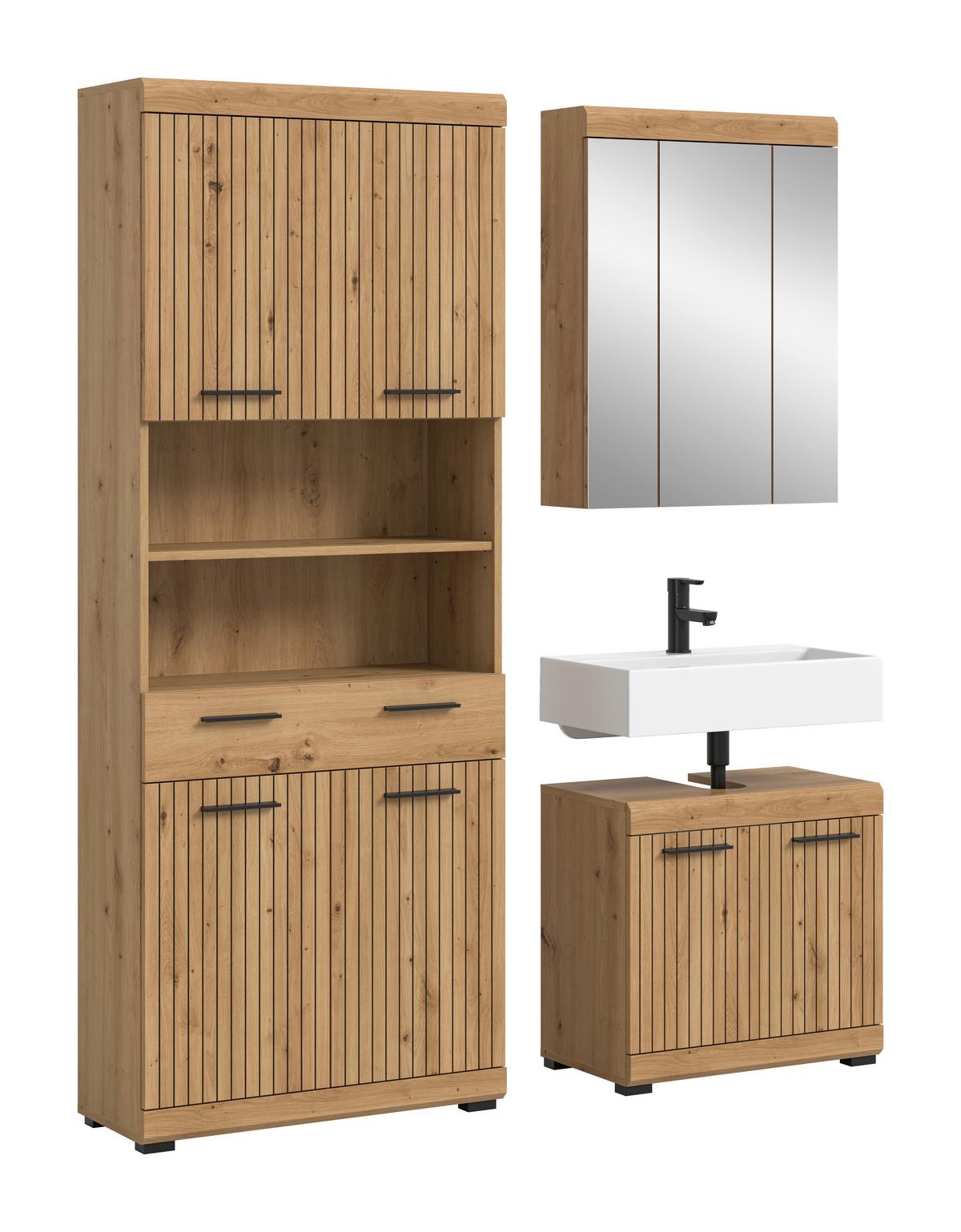 Badezimmer Scout Eiche Artisan 3-teilig - Schwarz/Eiche Artisan, Trend, Glas/Holzwerkstoff (134cm) - MID.YOU