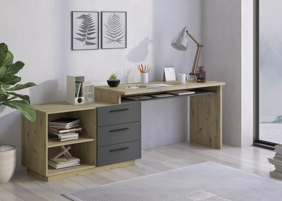 BIURKO ZESTAW GHIA - antracytowy/dąb artisan, Konventionell, materiał drewnopochodny (138/105/75cm) - Xora