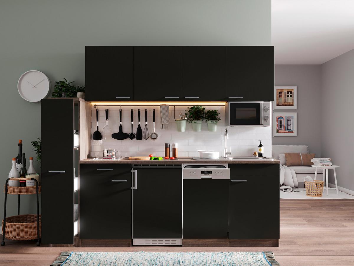 Küchenblock Oliver mit Geräten ca. 225 cm Schwarz - Eichefarben/Schwarz, Basics, Holzwerkstoff/Kunststoff (225cm) - Respekta