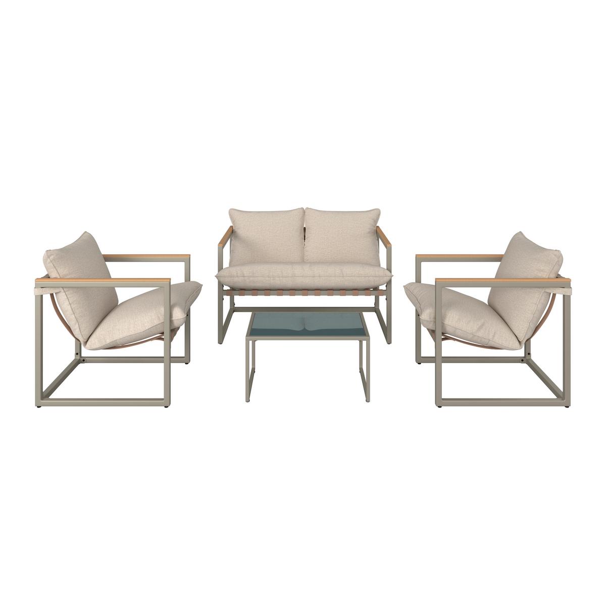 Loungegarnitur Lara Creme Metall/Outdoorstoff +Abdeckung - Creme/Grau, MODERN, Glas/Kunststoff (114cm) - Bessagi Garden