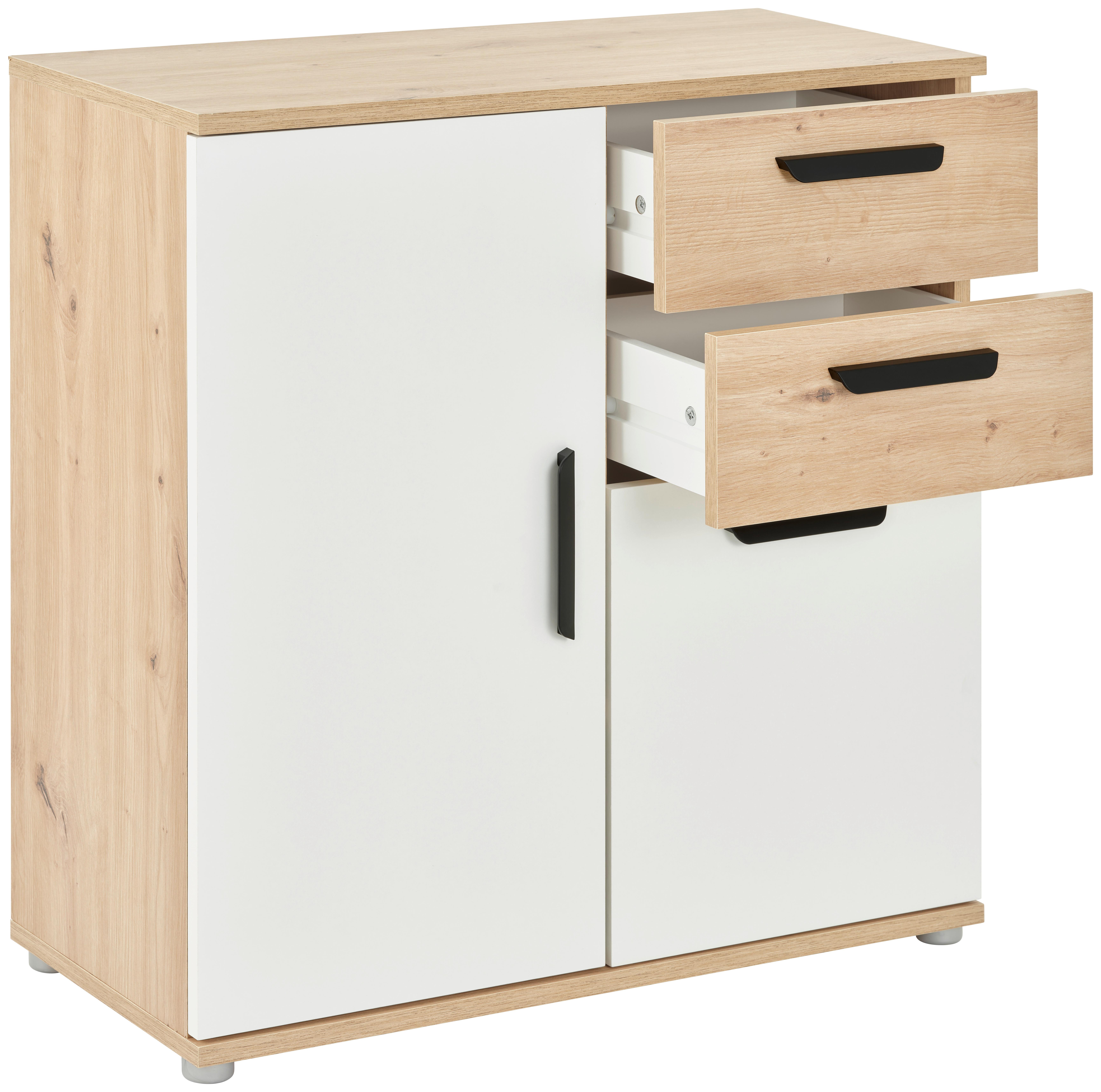 Komoda Basic Two, Barva Hrasta, Bela - srebrne barve/črna, Konvencionalno, umetna masa/leseni material (71,4/75/33,2cm)