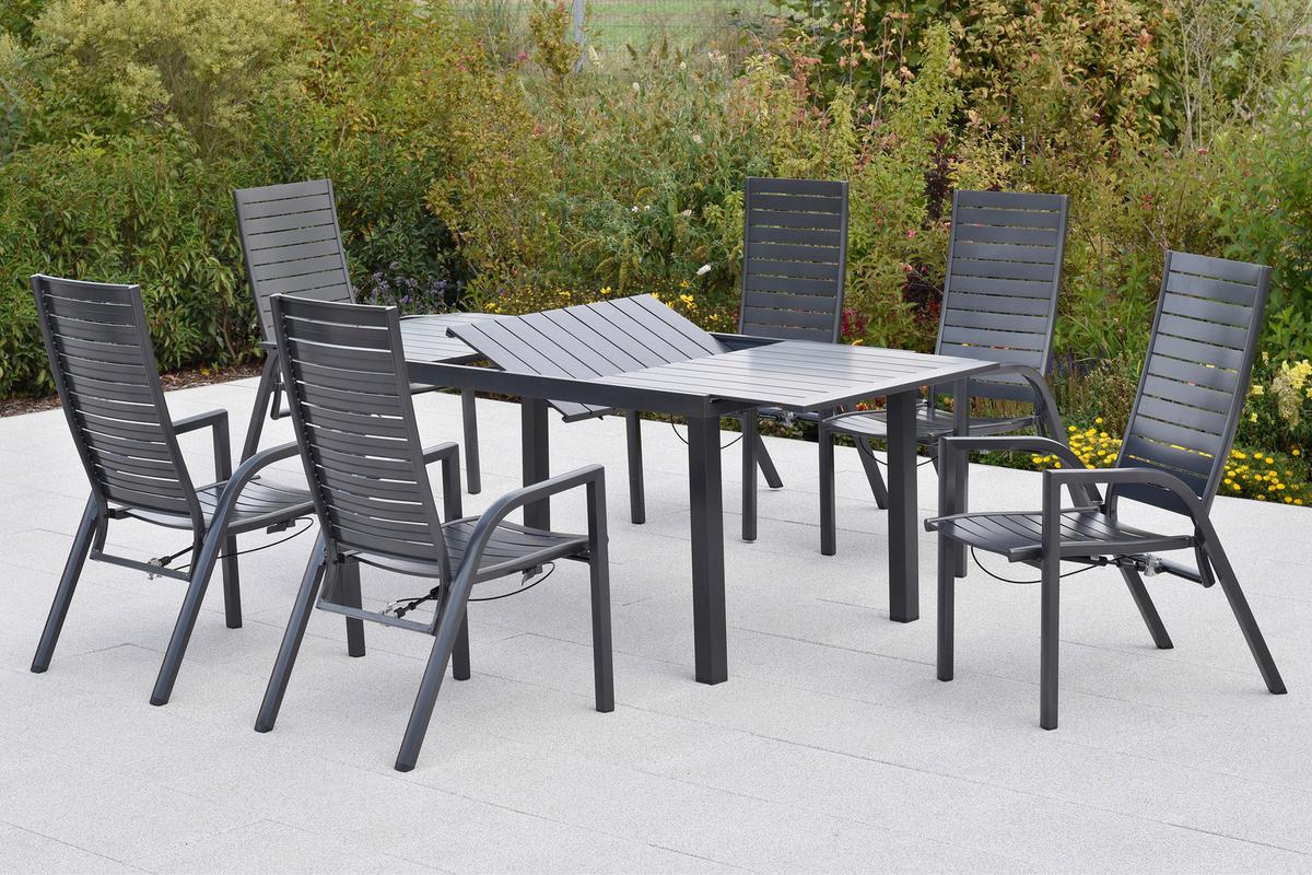 Gartentischgruppe Siros 7-tlg. Graphitfarben - Graphitfarben, KONVENTIONELL, Textil/Metall - Gardenson