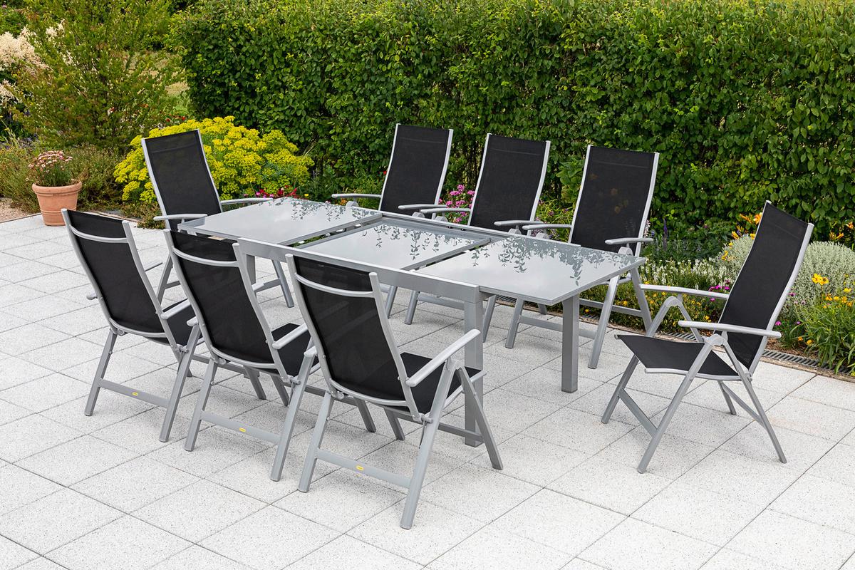 Vrtni Set Carrara, 9-Delni, Raztegljiva Miza - srebrne barve/črna, Moderno, kovina/tekstil - Gardenson