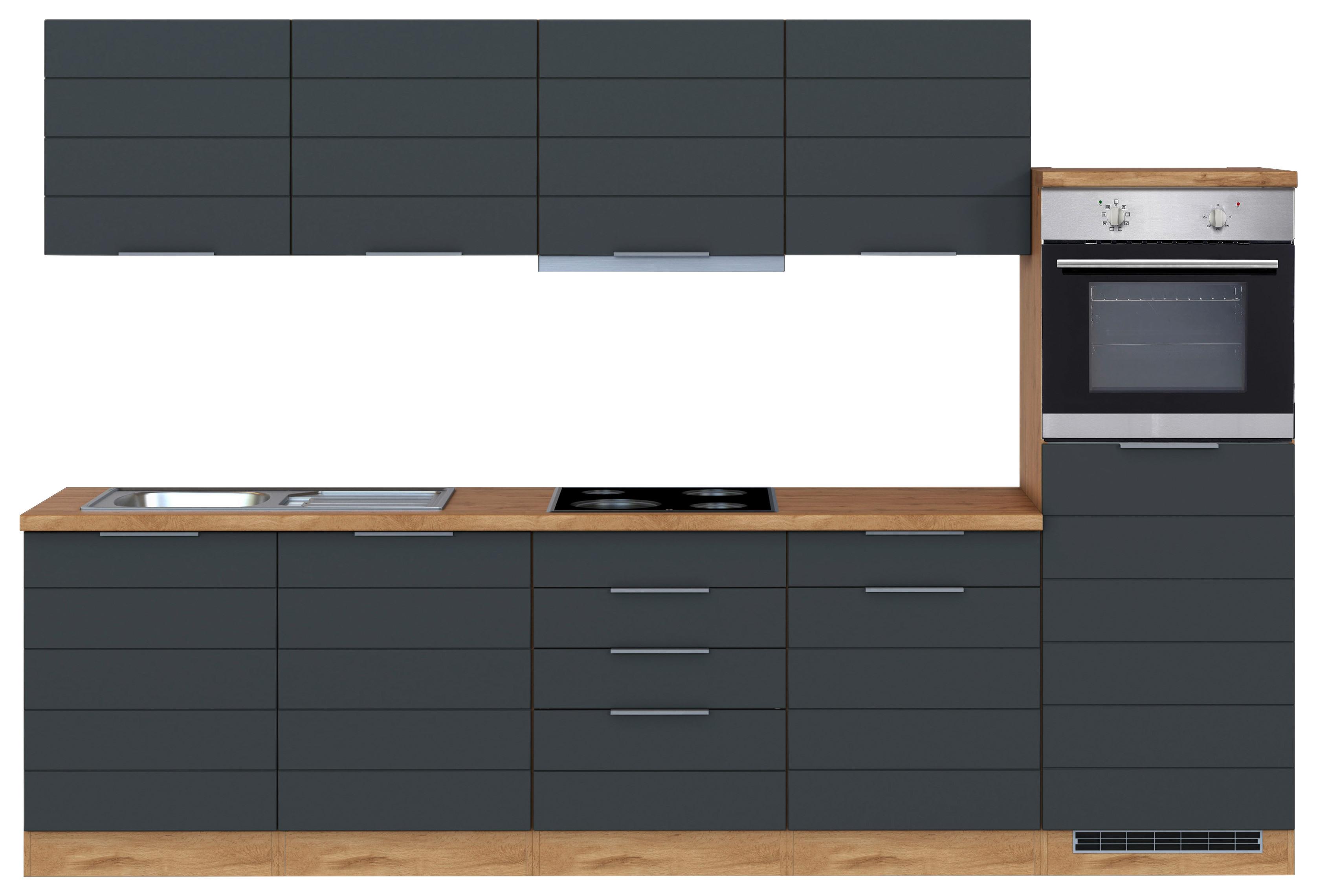 Küchenblock Florenz mit Geräten ca. 300 cm Grau/Eiche - Eiche Wotan/Grau, Design, Holzwerkstoff/Metall (300cm) - Held