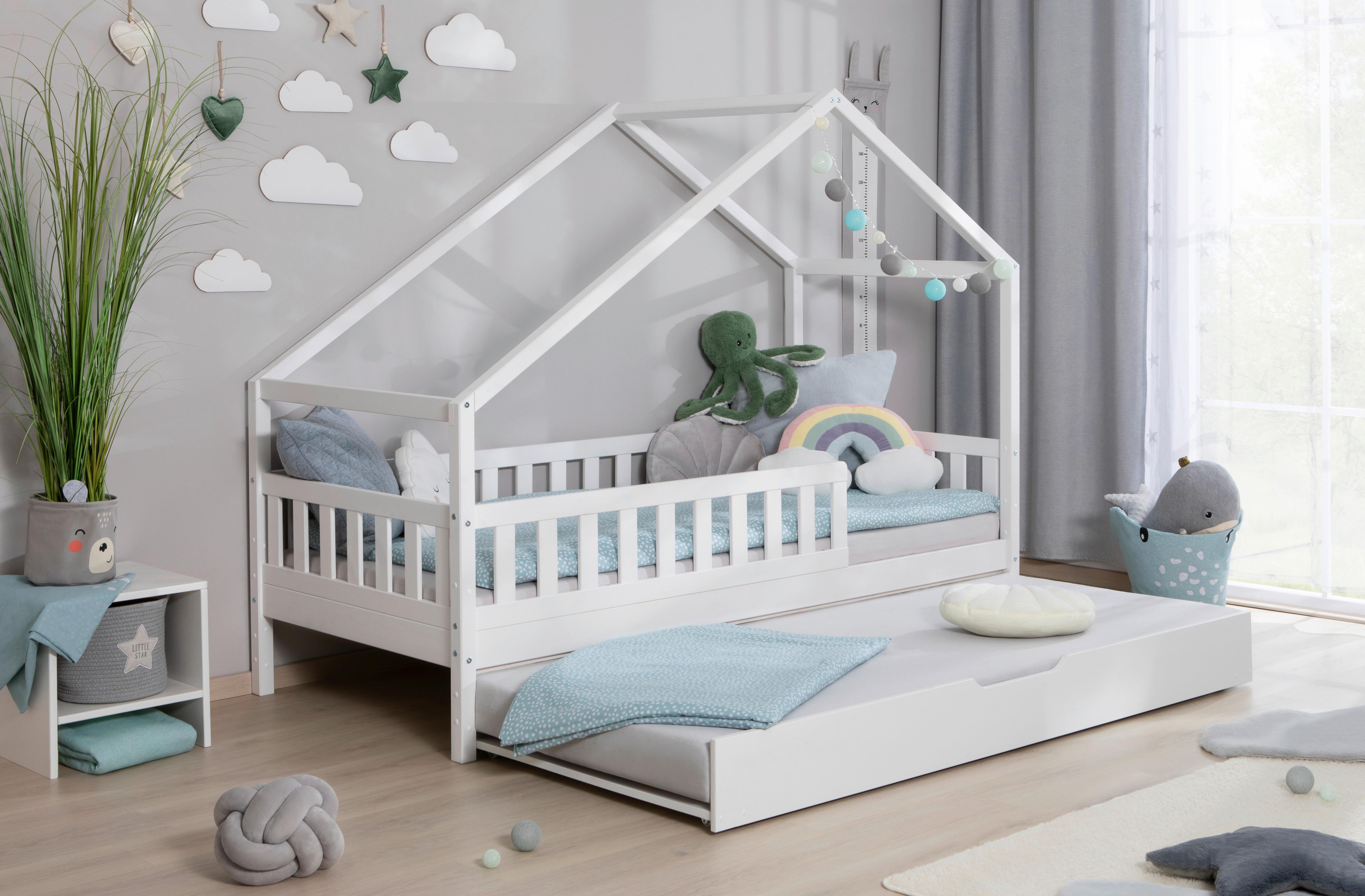 Hausbett Lou m. Zusatzbett ca. 100x200 cm Holz Weiß - Weiß/Naturfarben, MODERN, Holz/Textil (100/200cm) - MID.YOU