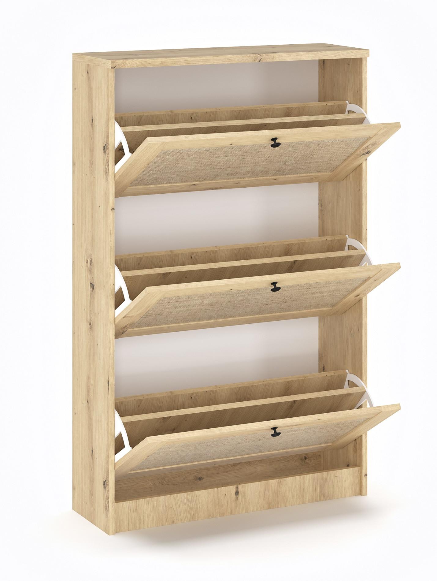 Billenős Cipősszekrény 3 Ajtós Rattan - fekete, Konventionell, faalapú anyag/fém (60/127,2/26,8cm)