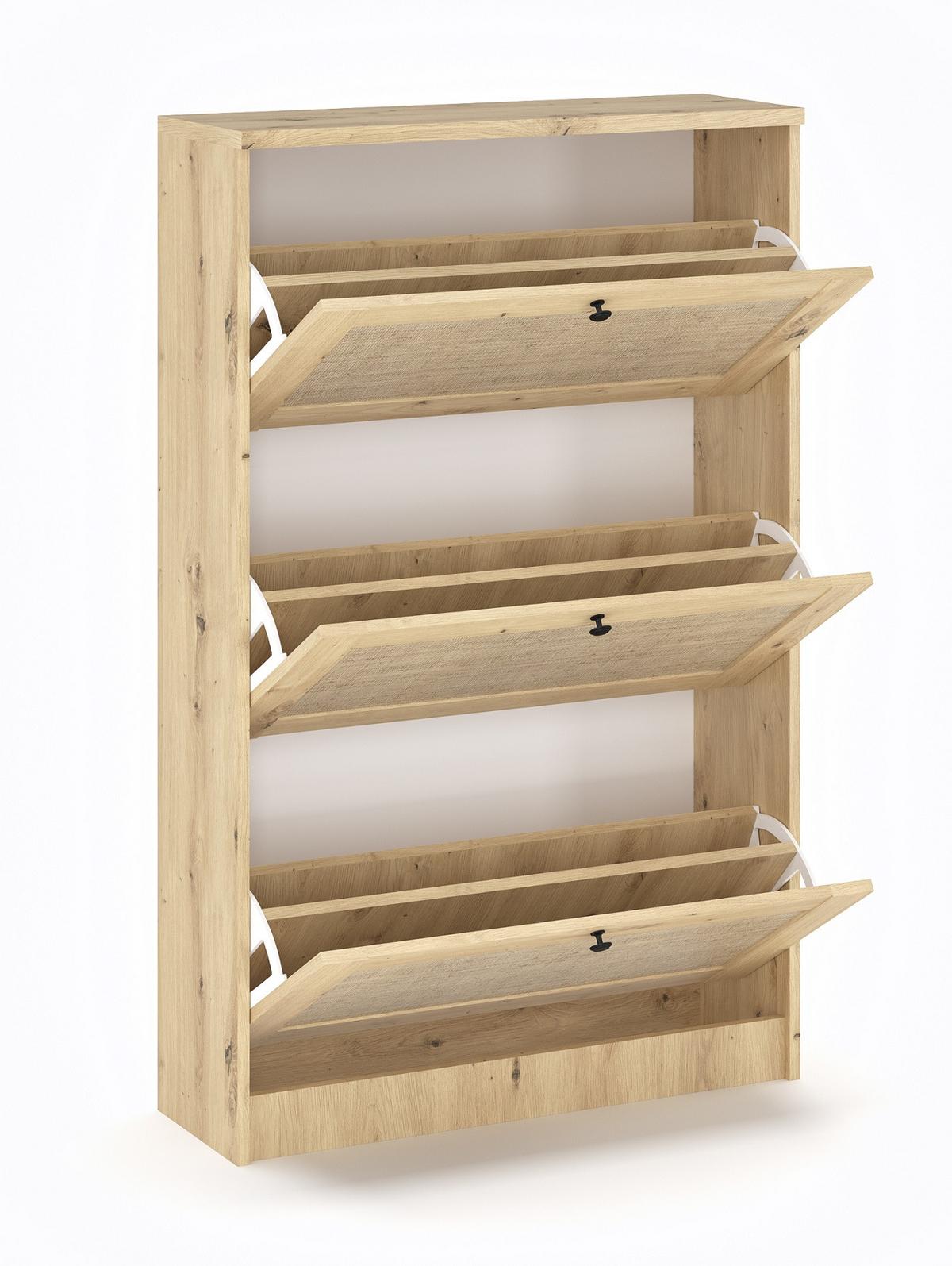 Billenős Cipősszekrény 3 Ajtós Rattan - fekete, Konventionell, faalapú anyag/fém (60/127,2/26,8cm)