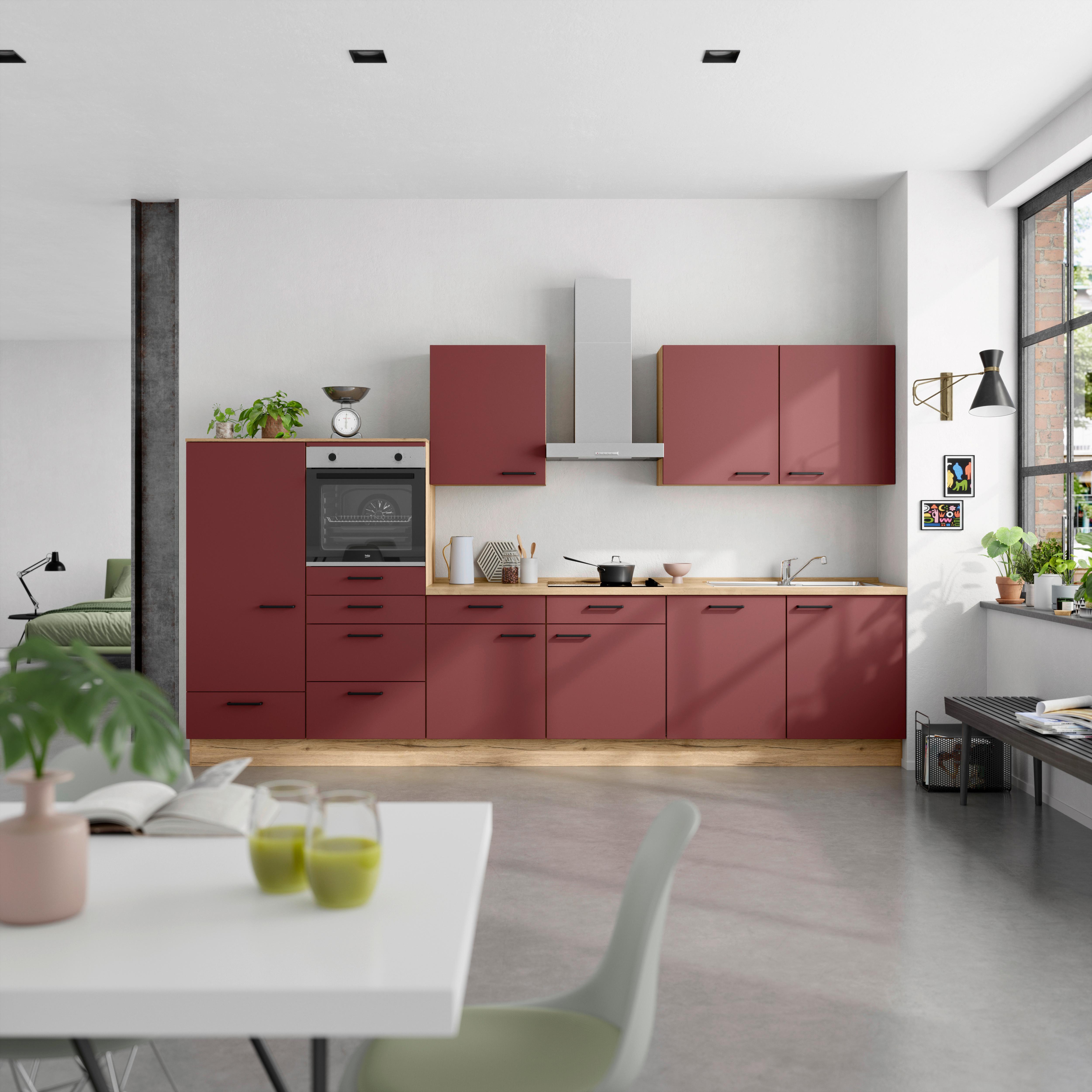 Küchenblock Easytouch Low m. Geräten Dunkelrot - Eichefarben/Schwarz, MODERN, Holzwerkstoff/Metall (360cm) - Nobilia