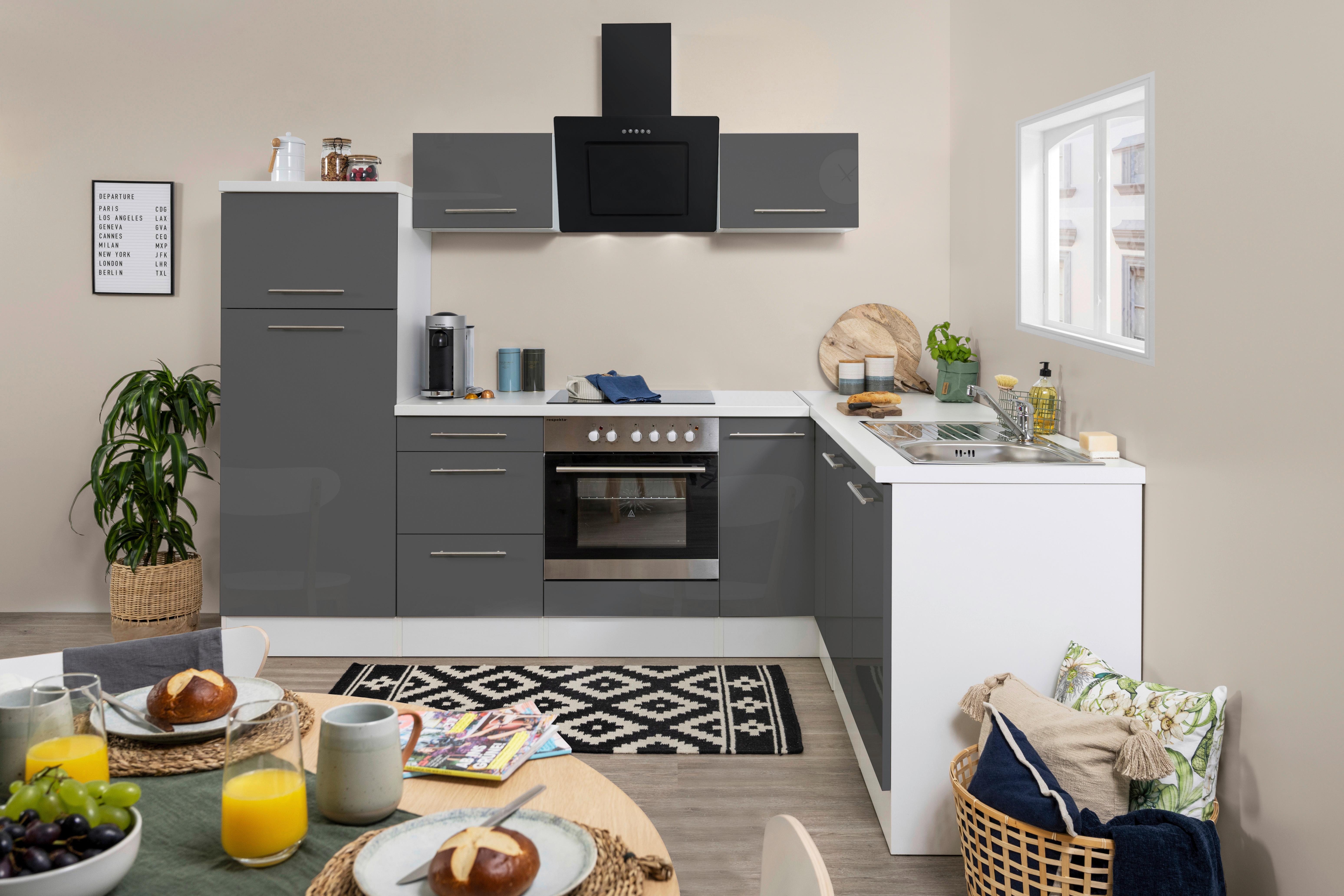 Eckküche mit Geräte Grau Hochglanz/Weiß ca. 260x200 cm - Alufarben/Weiß, KONVENTIONELL, Holzwerkstoff (260/200cm) - Respekta