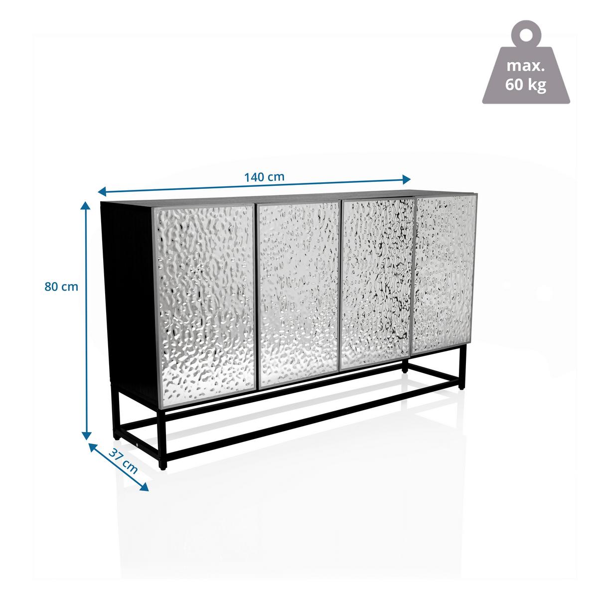 Široka Komoda Metallio, Črna, Srebrna - srebrne barve/črna, Moderno, kovina/leseni material (140/80/37cm) - MID.YOU
