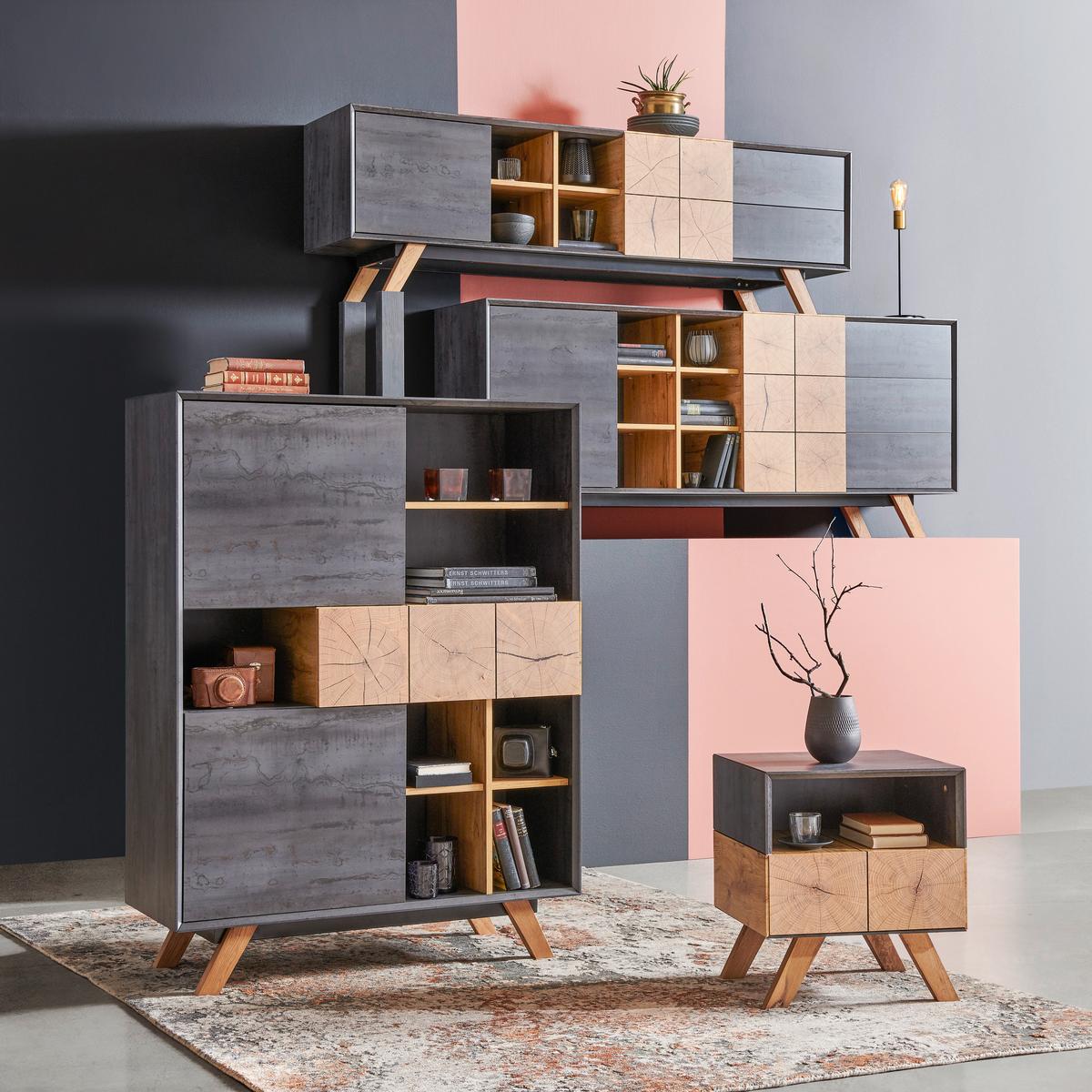 SZAFKA NOCNA KIK - kolor dębowy/ciemnoszary, Design, materiał drewnopochodny/drewno (45/50/40cm) - Carryhome