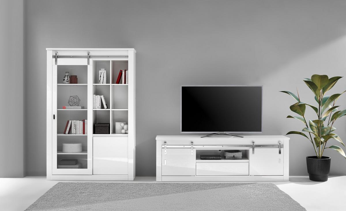 Wohnwand Daytona Weiß/Weiß Hochglanz - Chromfarben/Weiß Hochglanz, Design, Holzwerkstoff/Metall (349/200/43cm) - Livetastic