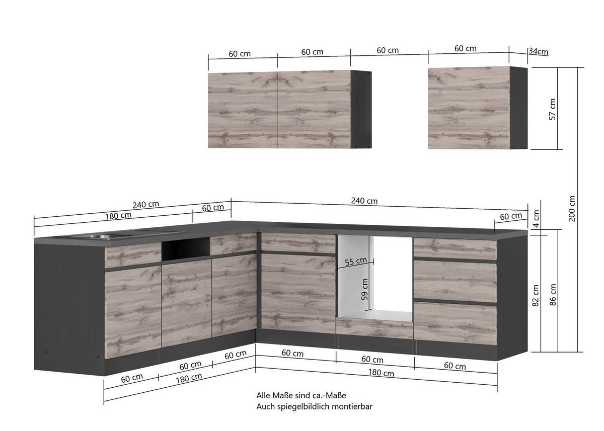 Eckküche Turin ohne Geräten ca. 240x240 cm Graphit/Eiche - Eiche Wotan, Design, Holzwerkstoff (240/240cm) - Held