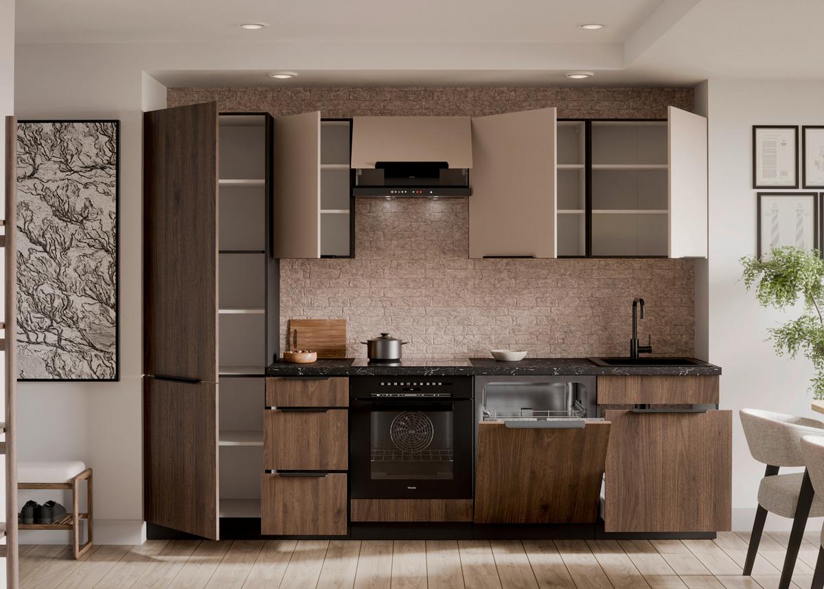 Bucatarie fara electrocasnice MONZA/ARONA - cașmir/culoare lemn de nuc, Modern, material pe bază de lemn (280/210/60cm) - Modern Living