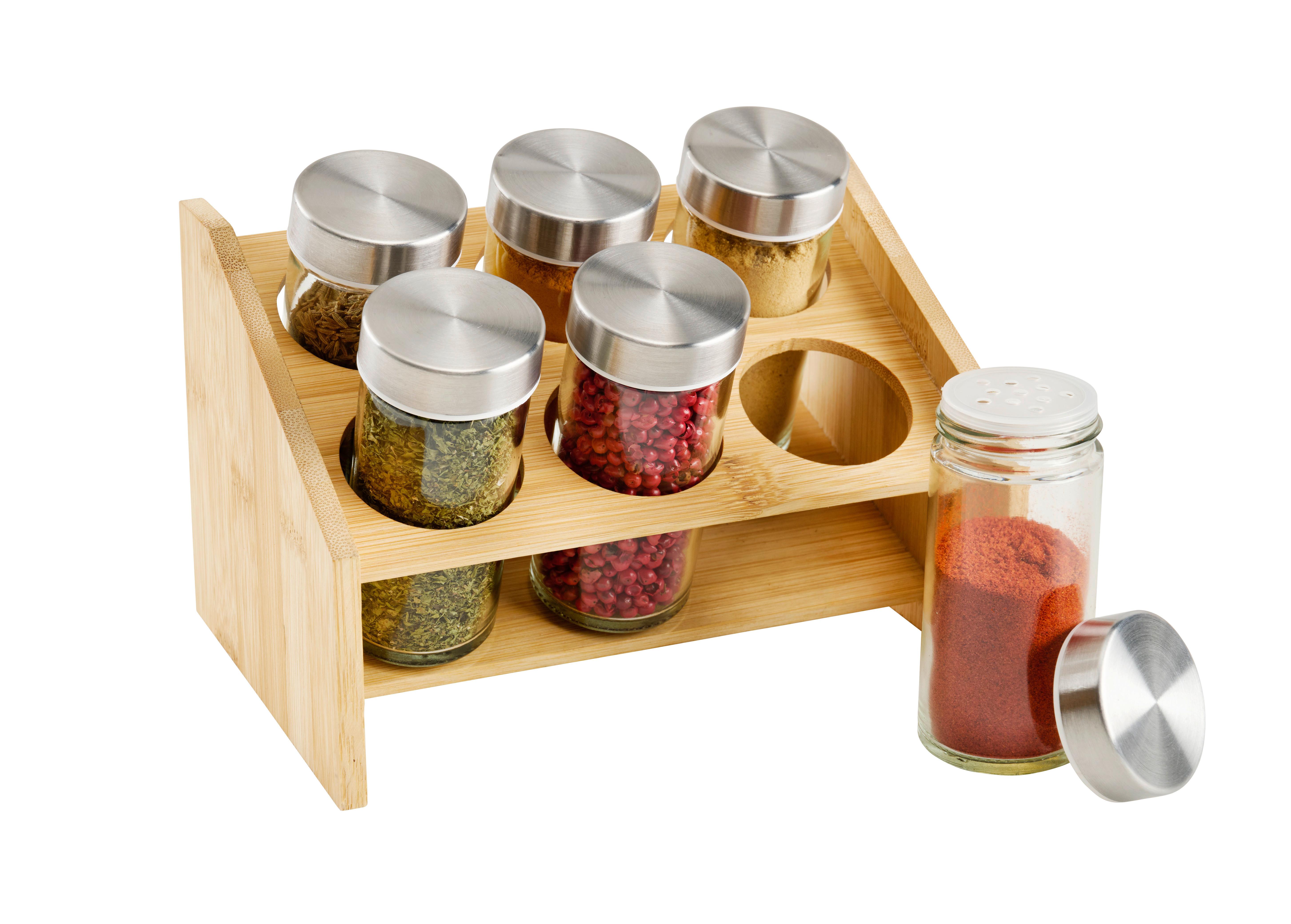 Gewürzregal Petra Silberfarben/Hellbraun, 7-tlg. - Hellbraun/Transparent, KONVENTIONELL, Glas/Holz (13,80/19/13,80cm) - Mömax
