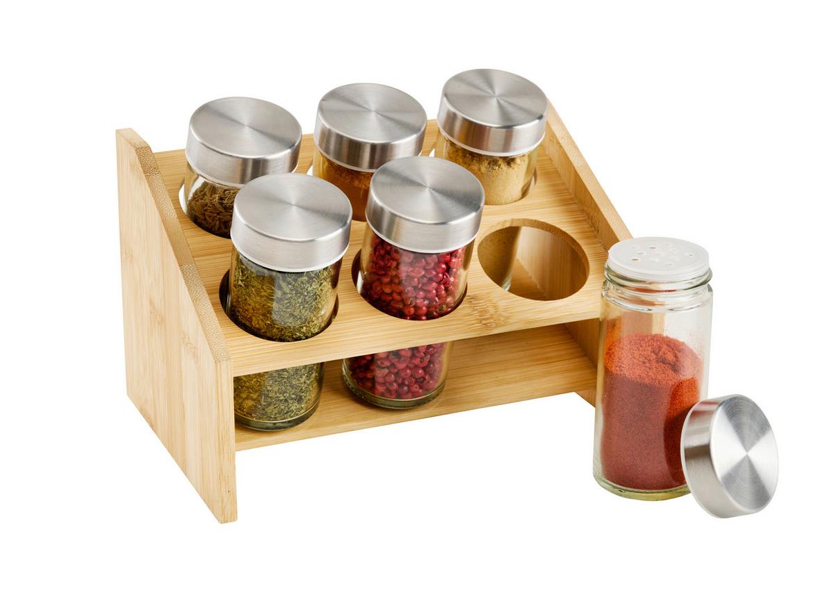 Gewürzregal Petra Silberfarben/Hellbraun, 7-tlg. - Hellbraun/Transparent, KONVENTIONELL, Glas/Holz (13,80/19/13,80cm) - Mömax