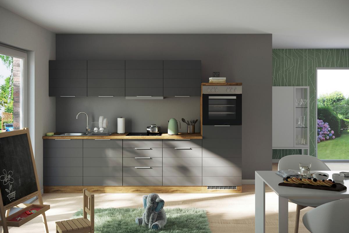 Küchenzeile Florenz mit Geräten ca. 300 cm Grau/Eiche - Eiche Wotan/Grau, Design, Holzwerkstoff/Metall (300cm) - Held