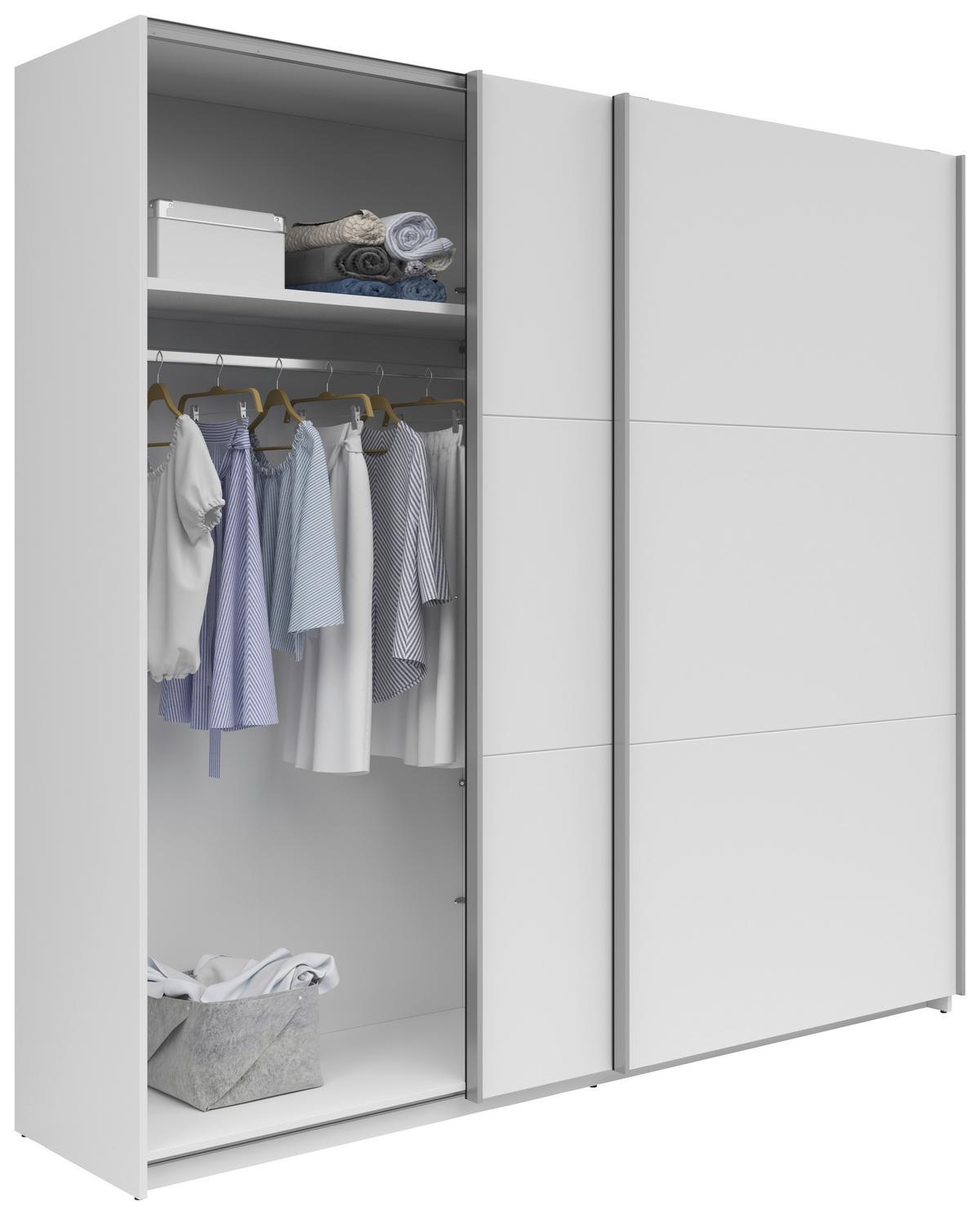 Schwebetürenschrank Saturn in Weiß ca. 218x210x59cm - Silberfarben/Weiß, KONVENTIONELL, Holzwerkstoff/Metall (218/210/59cm) - Mömax
