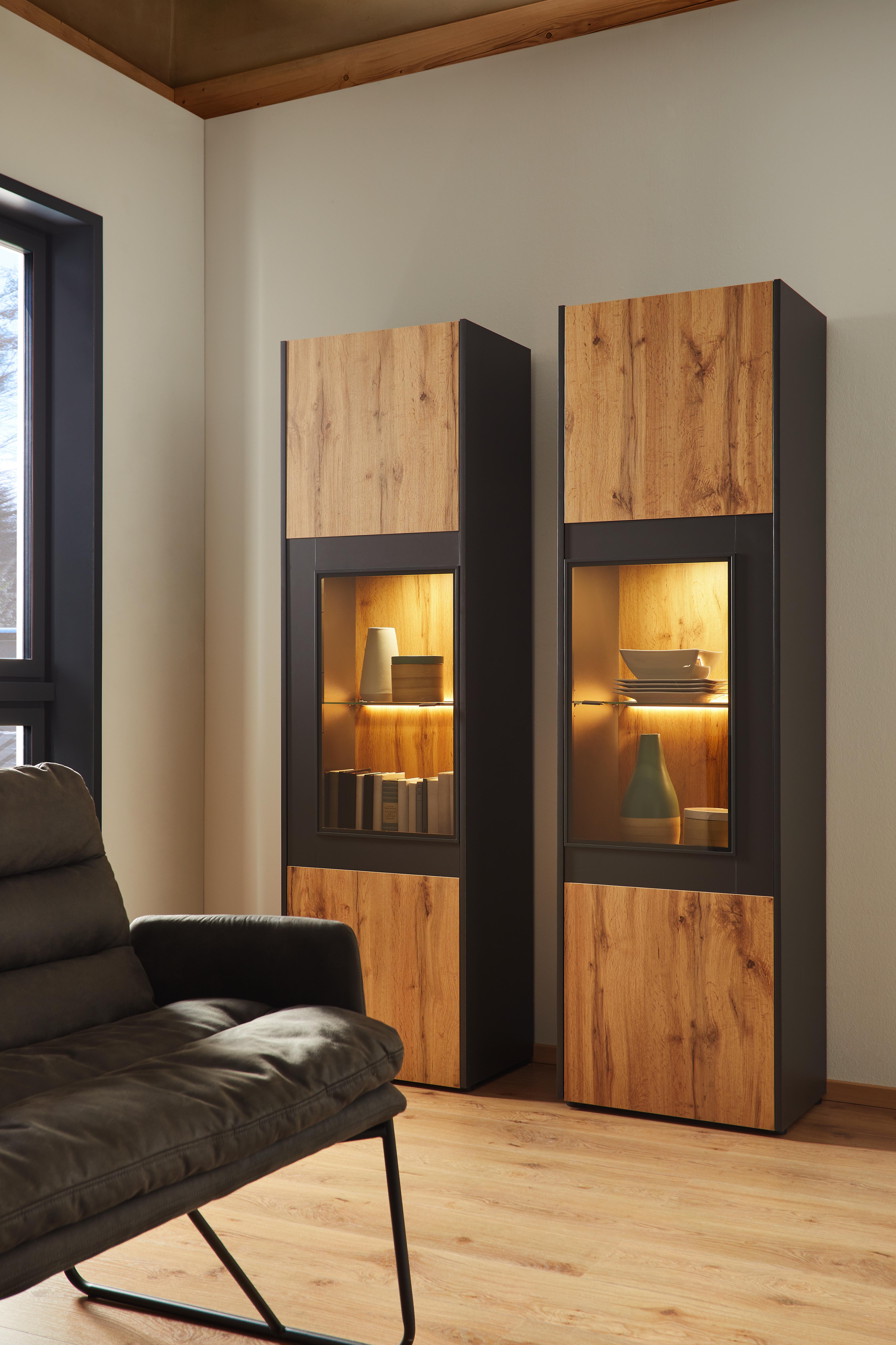 Vitrine in Eichefarben - Schieferfarben/Eichefarben, MODERN, Glas/Holzwerkstoff (56/196/40cm) - Premium Living
