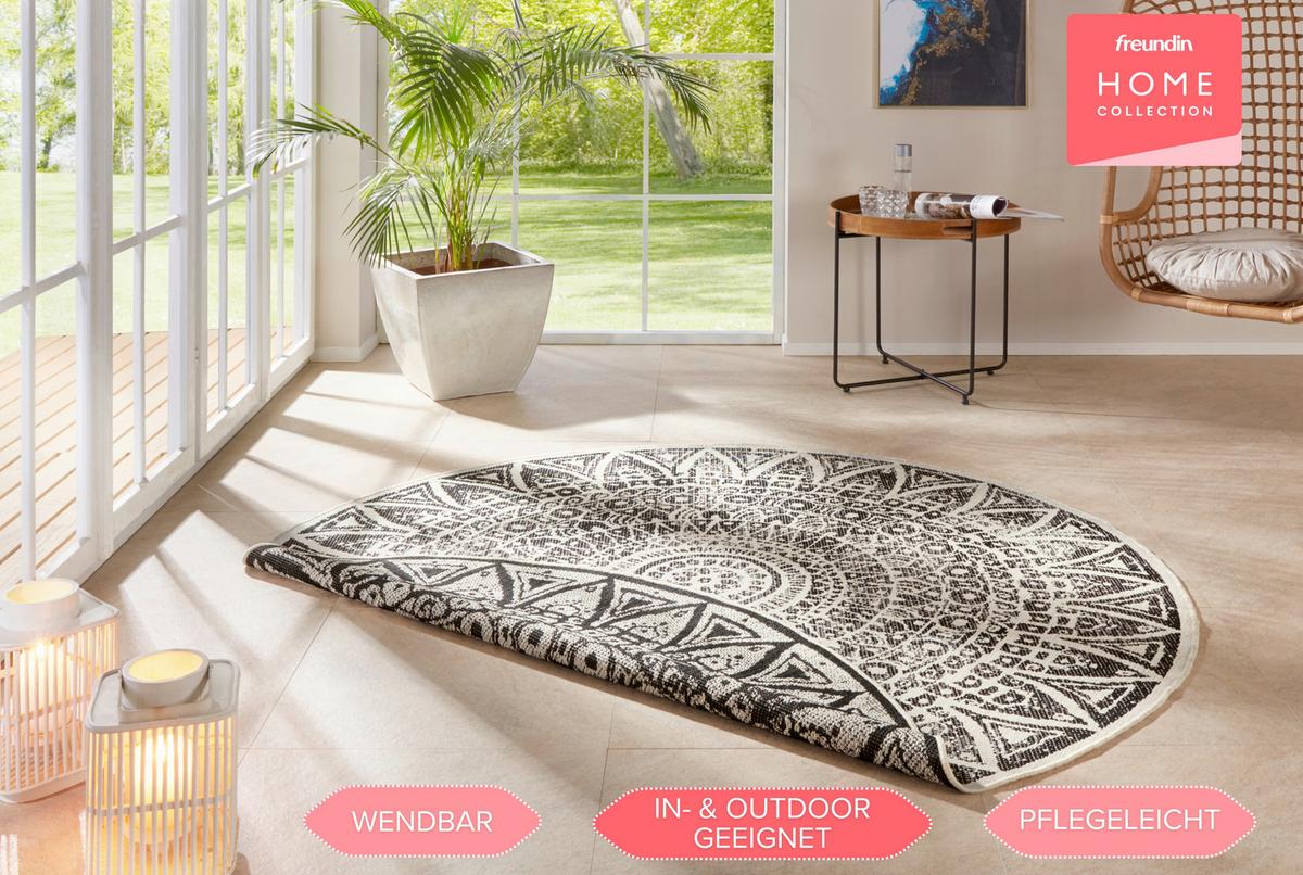 Flachwebeteppich Lilja Schwarz Ø ca. 140cm - Creme/Schwarz, Design, Kunststoff (140cm)