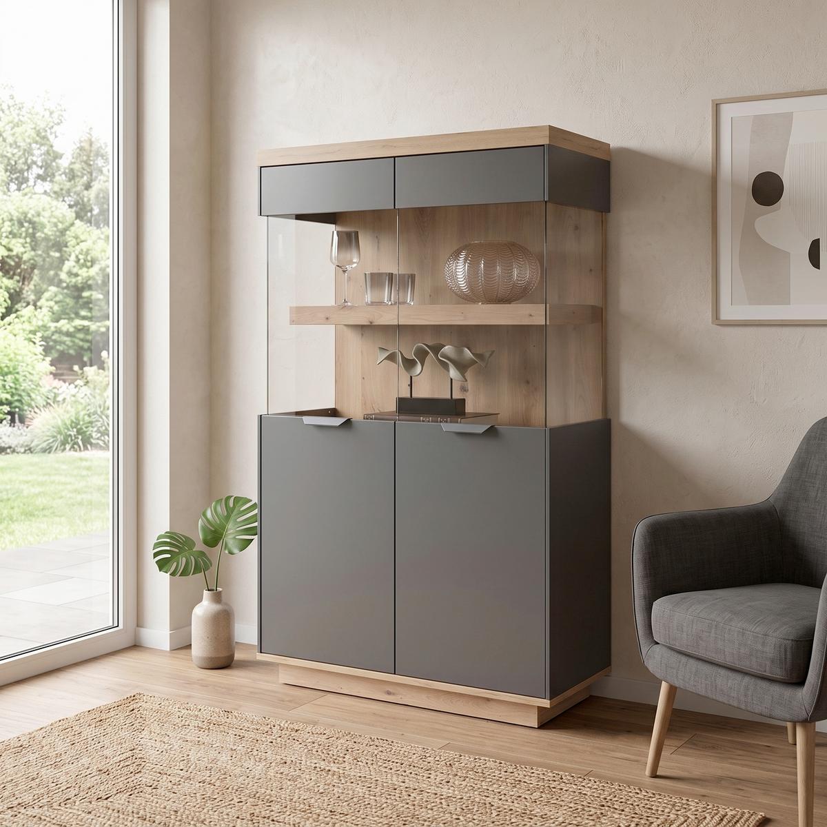 Vitrina Jake, Antracit, Barva Hrasta - antracit/hrast artisan, Trend, kovina/umetna masa (89,1/137/38cm) - Modern Living