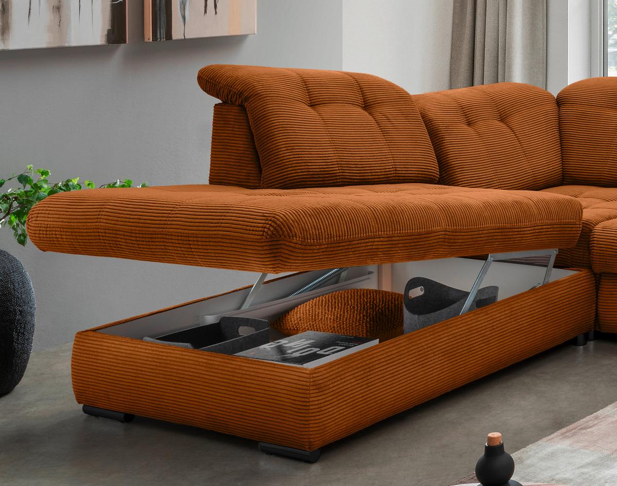 Wohnlandschaft Rigatti Gold Cord mit Bettkasten - Goldfarben/Schwarz, MODERN, Textil/Metall (252/387/184cm) - Livetastic