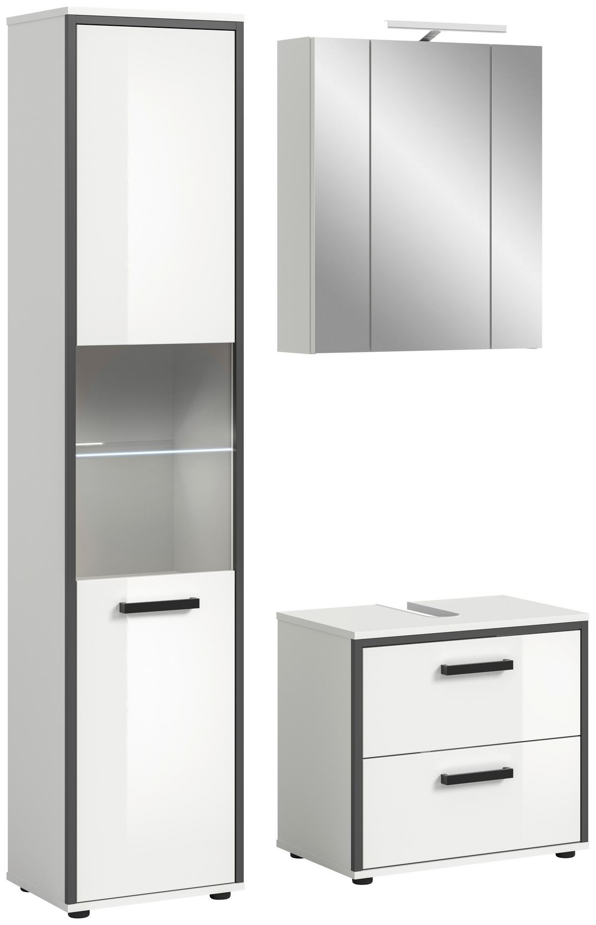 Badezimmer Kojak 3-tlg. Weiß/Anthrazit m. LED - Weiß Hochglanz/Schwarz, MODERN, Holzwerkstoff/Kunststoff (100cm) - MID.YOU