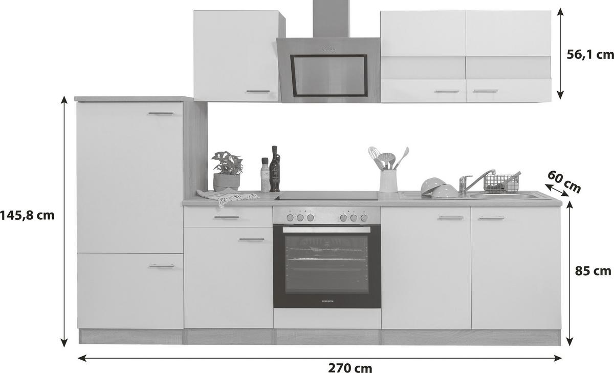 Kuhinjski Blok Z Aparati Merle, Barva Hrasta, Bela - barve nerjavečega jekla/barve hrasta, Basics, kovina/leseni material (270cm) - Respekta
