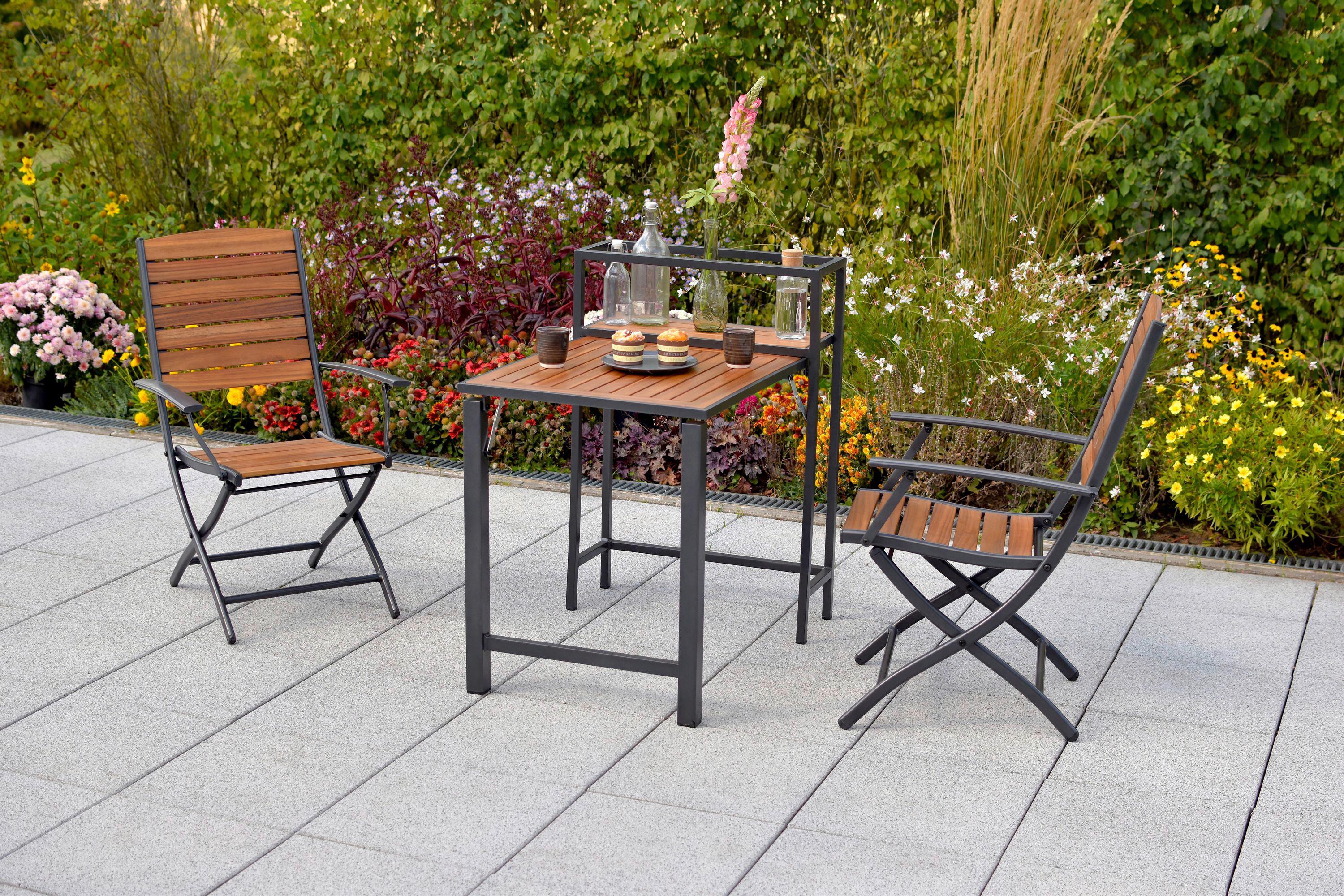 Balkonset Santorin 3-tlg. Alu/Akazie massiv - Graphitfarben/Naturfarben, MODERN, Holz/Metall - Gardenson